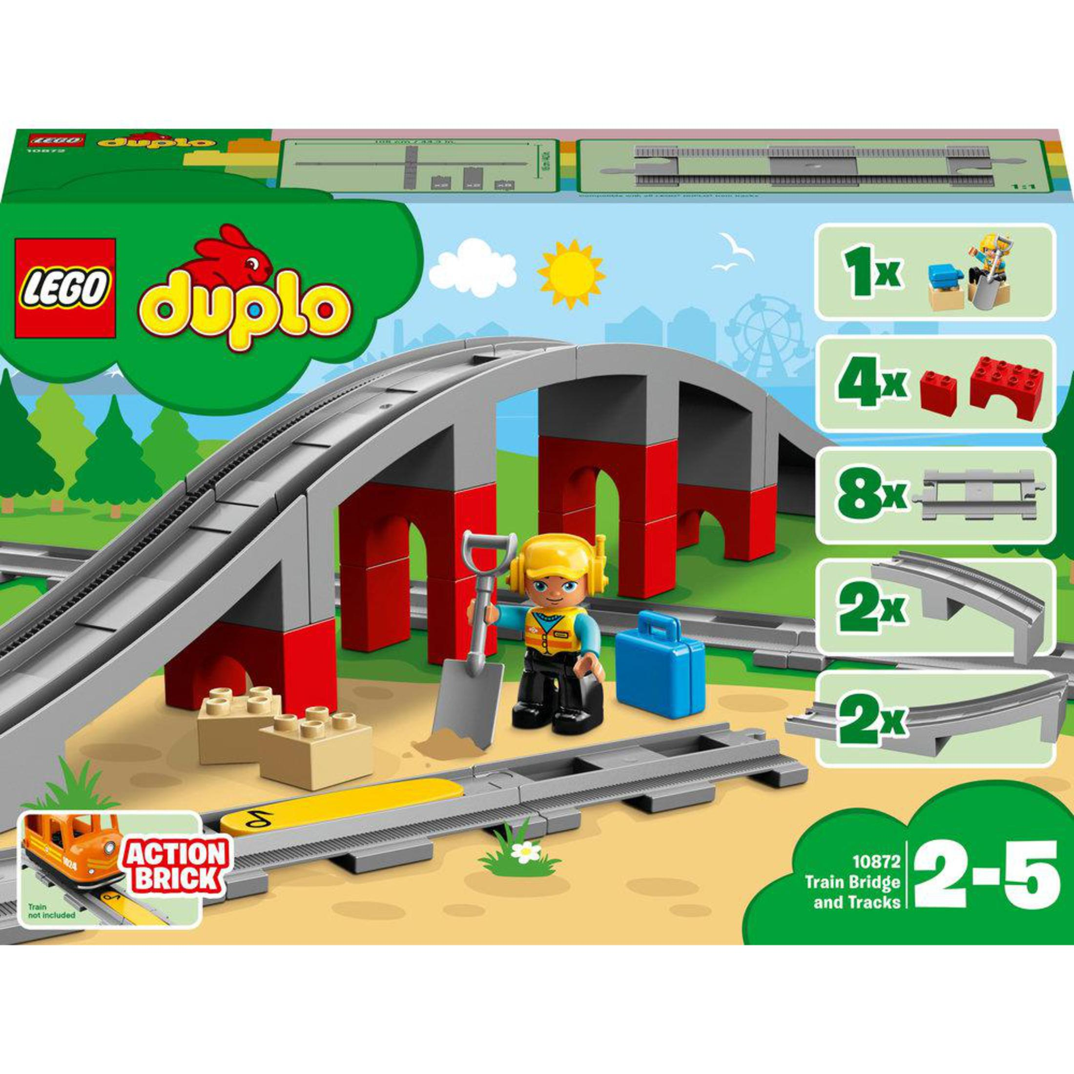 Set Lego Duplo: binari, ponte, operaio con attrezzi e mattoncini. La scatola mostra il set.