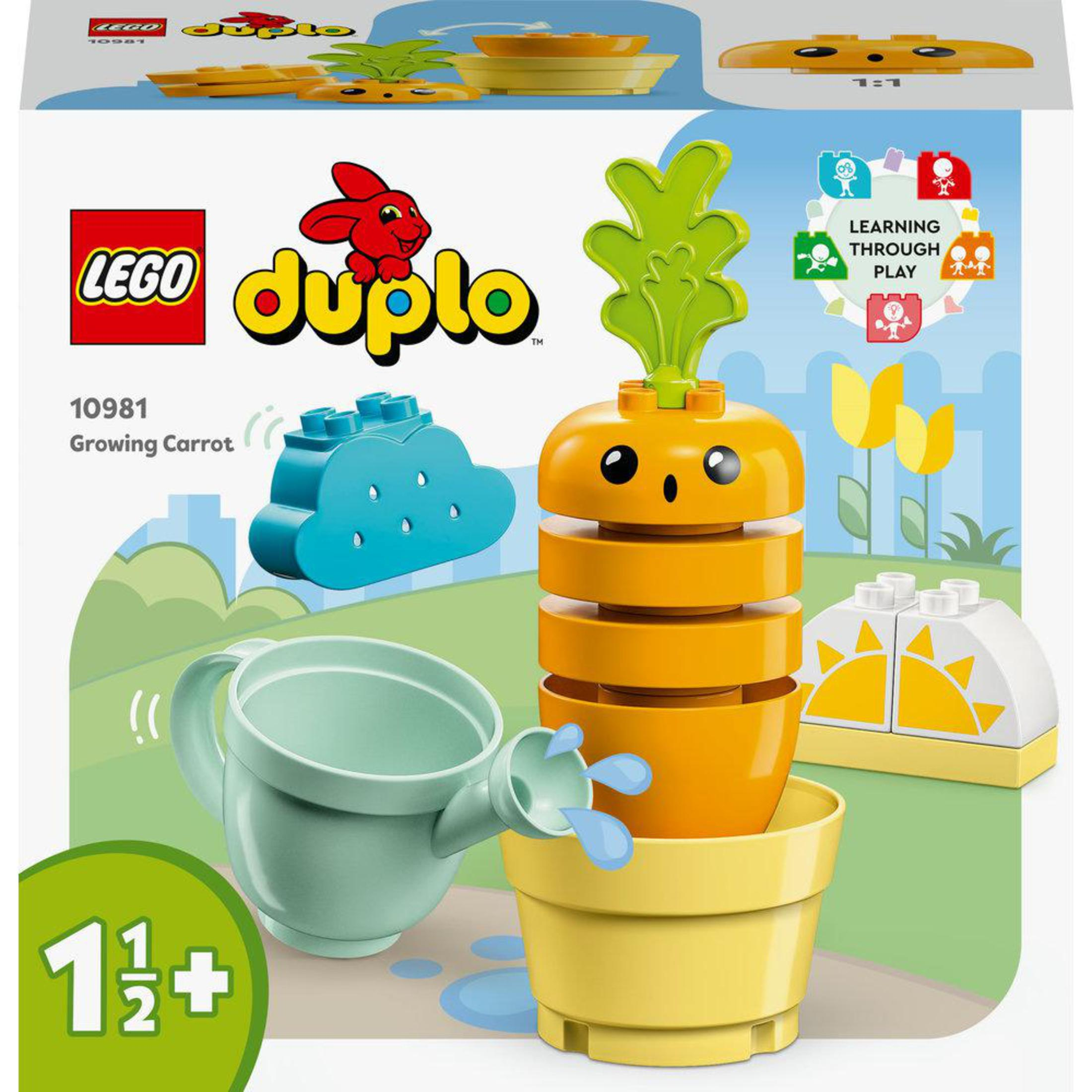 LEGO Duplo set: Wortel met groene bovenkant en oranje lichaam, gieter, wolk en gele pot.