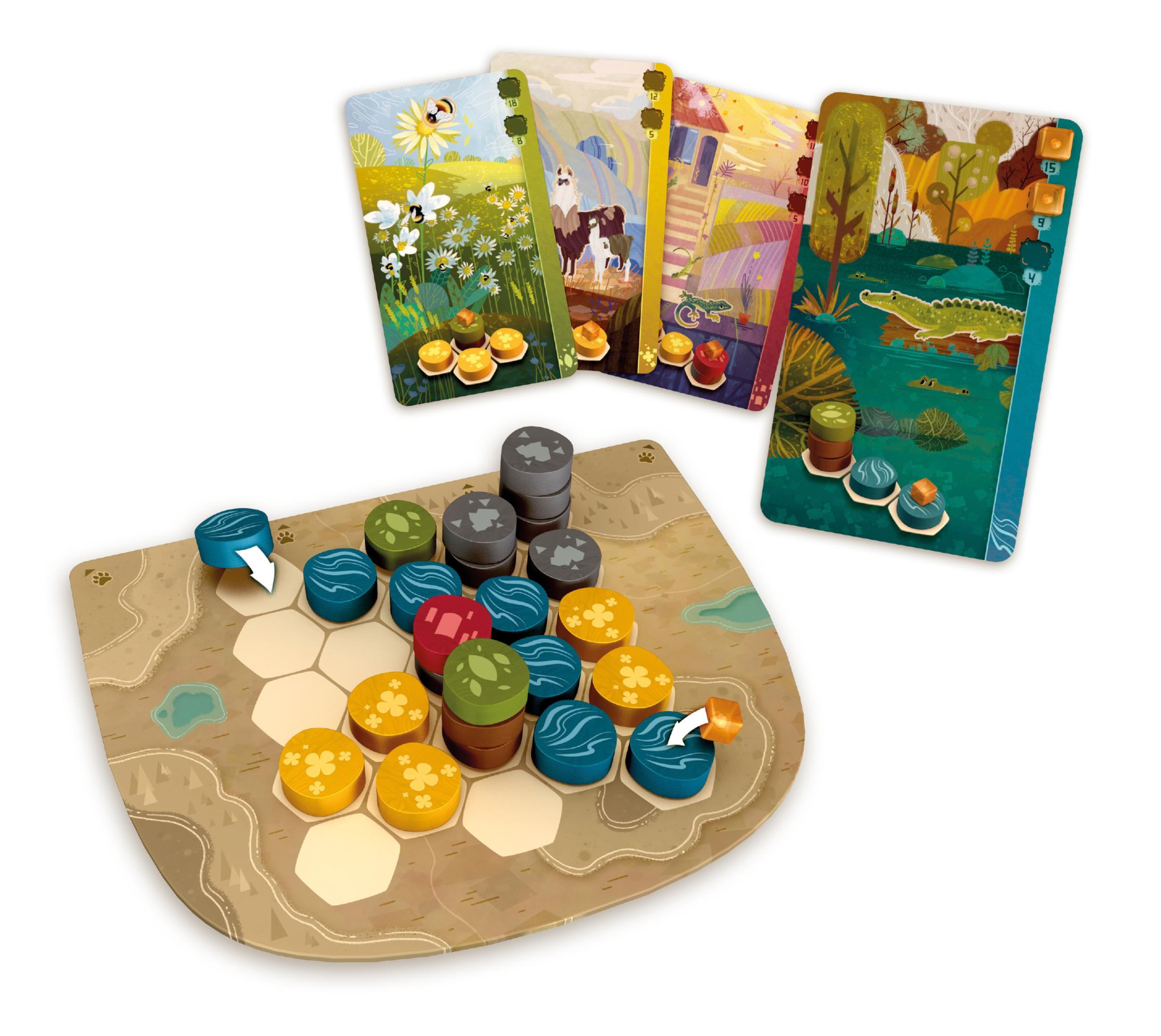 Ein Brettspiel mit bunten Teilen und Karten, die verschiedene Naturszenen darstellen. Weißer Hintergrund.