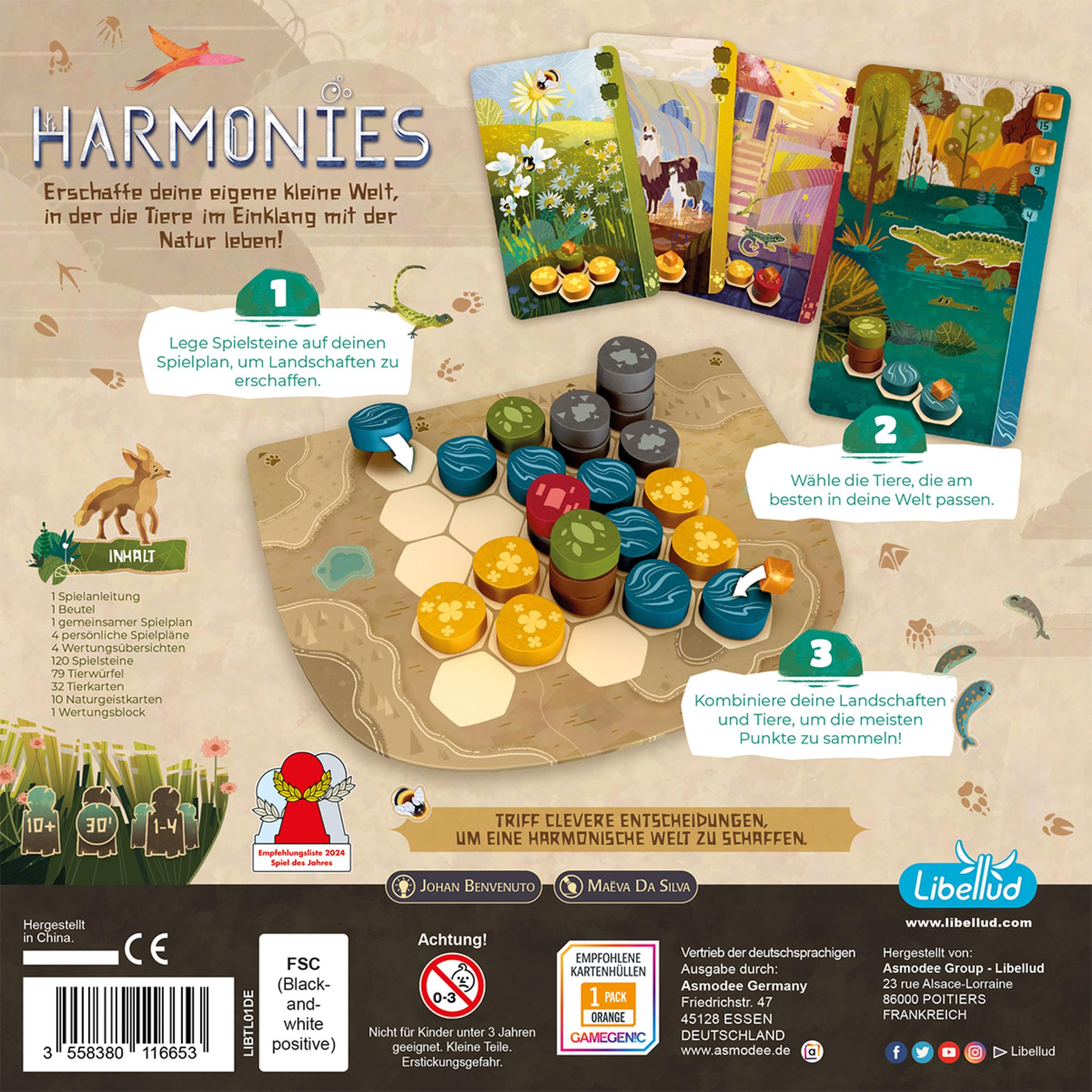Brettspielbox mit Spielsteinen und Karten. Text: Harmonien, erschaffe deine eigene Welt, Harmonie schaffen.