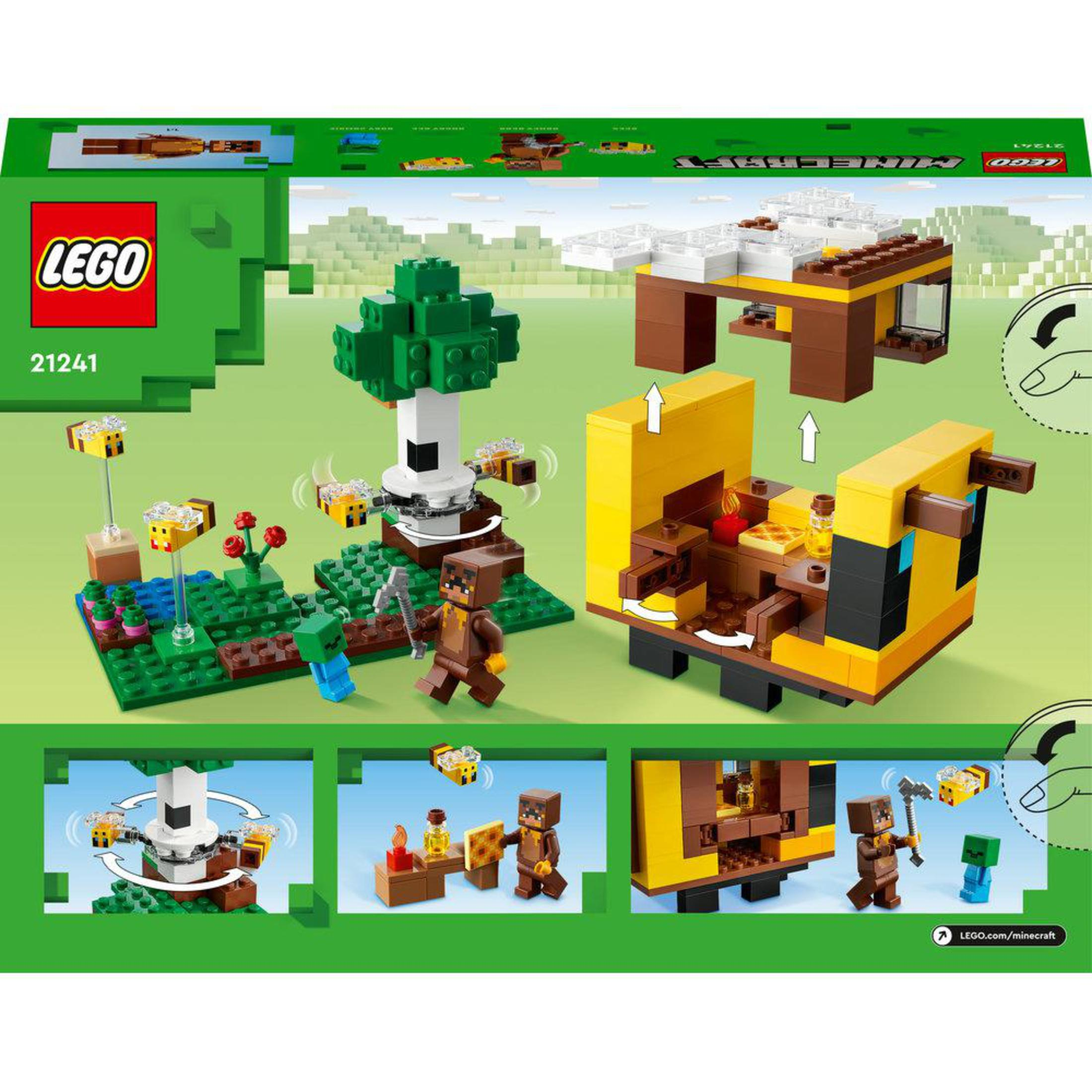 Ensemble LEGO Minecraft. Une ferme apicole avec une maison et une abeille. L'ensemble montre les étapes de construction.