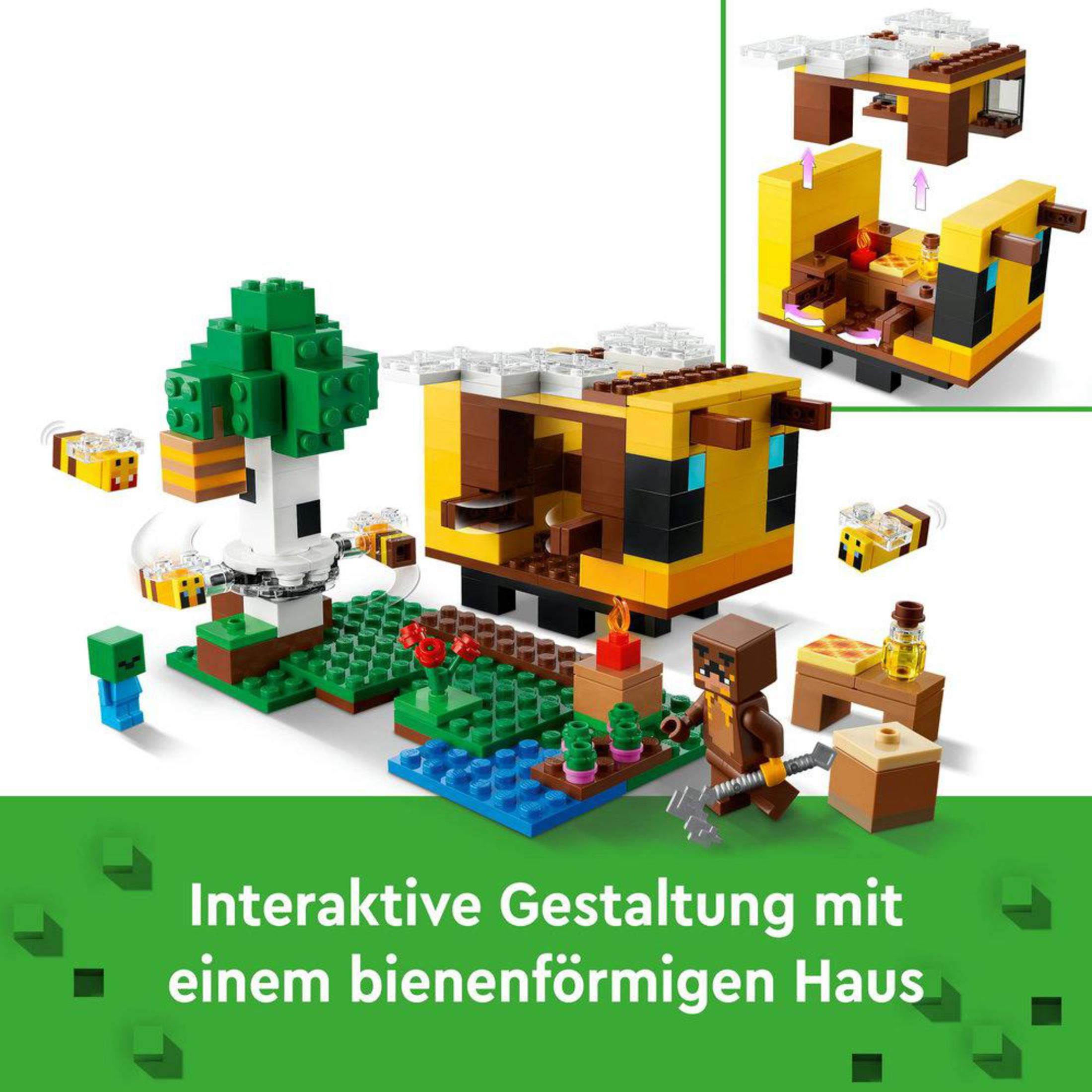 Ensemble LEGO d'une maison d'abeilles avec des abeilles, un arbre, une rivière et un fermier.