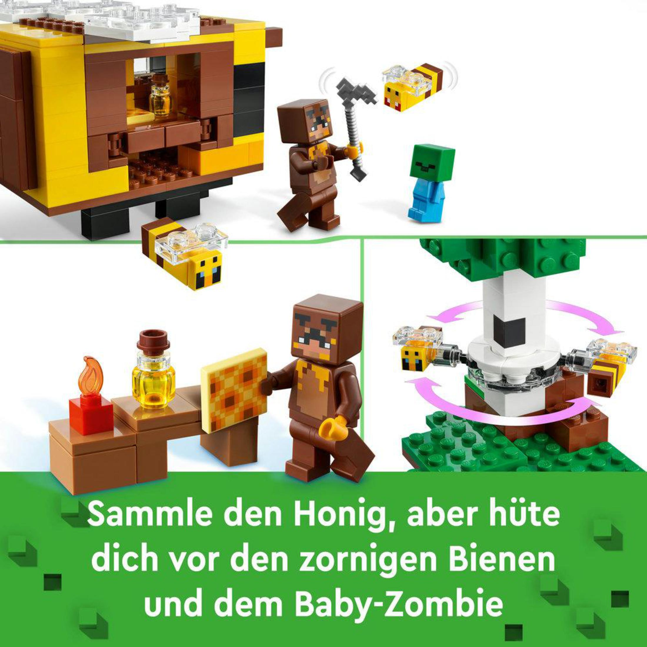 Scène Lego Minecraft avec une ferme apicole, des figurines et du texte en allemand.