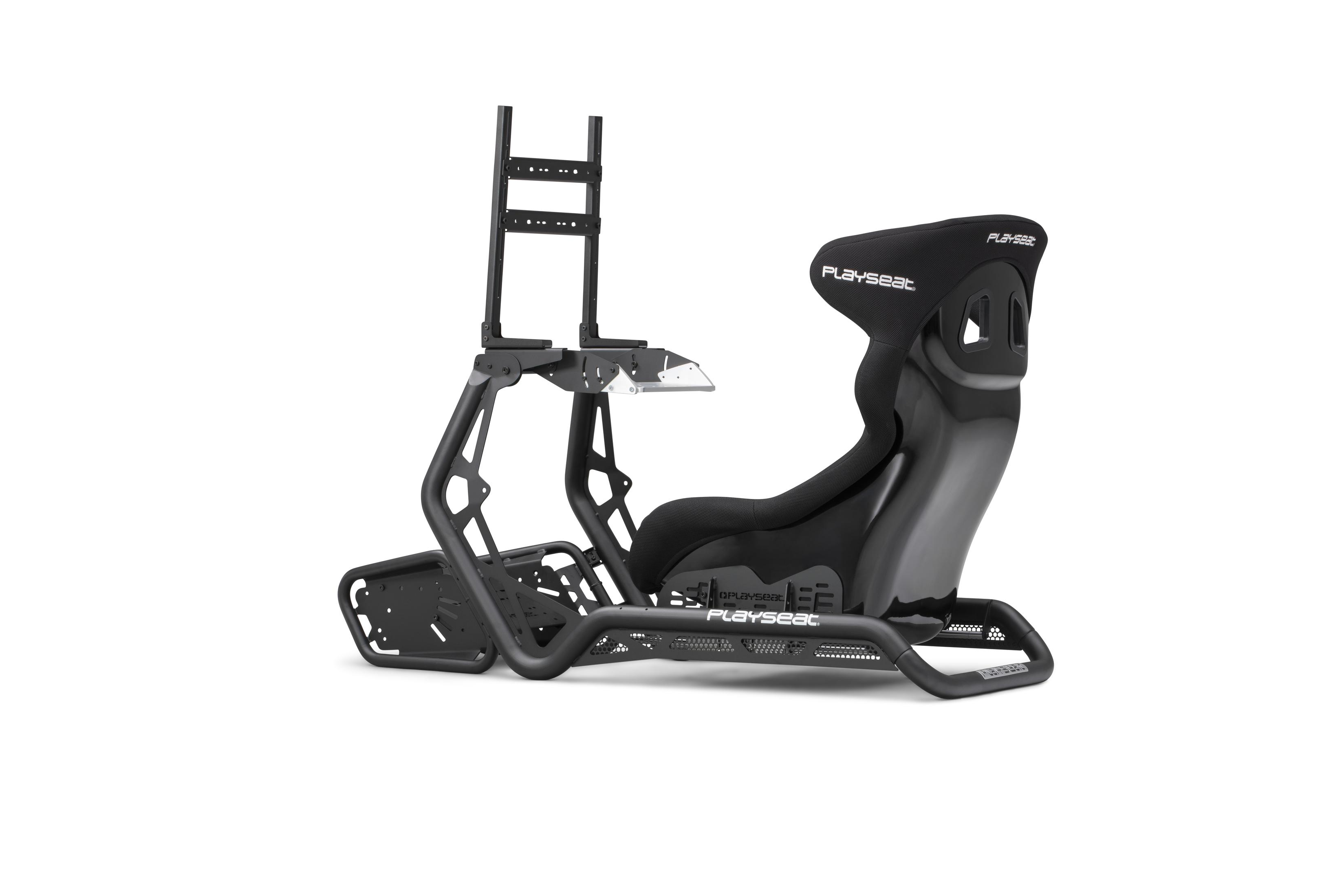 Black and silver racing simulator chair on a white background.