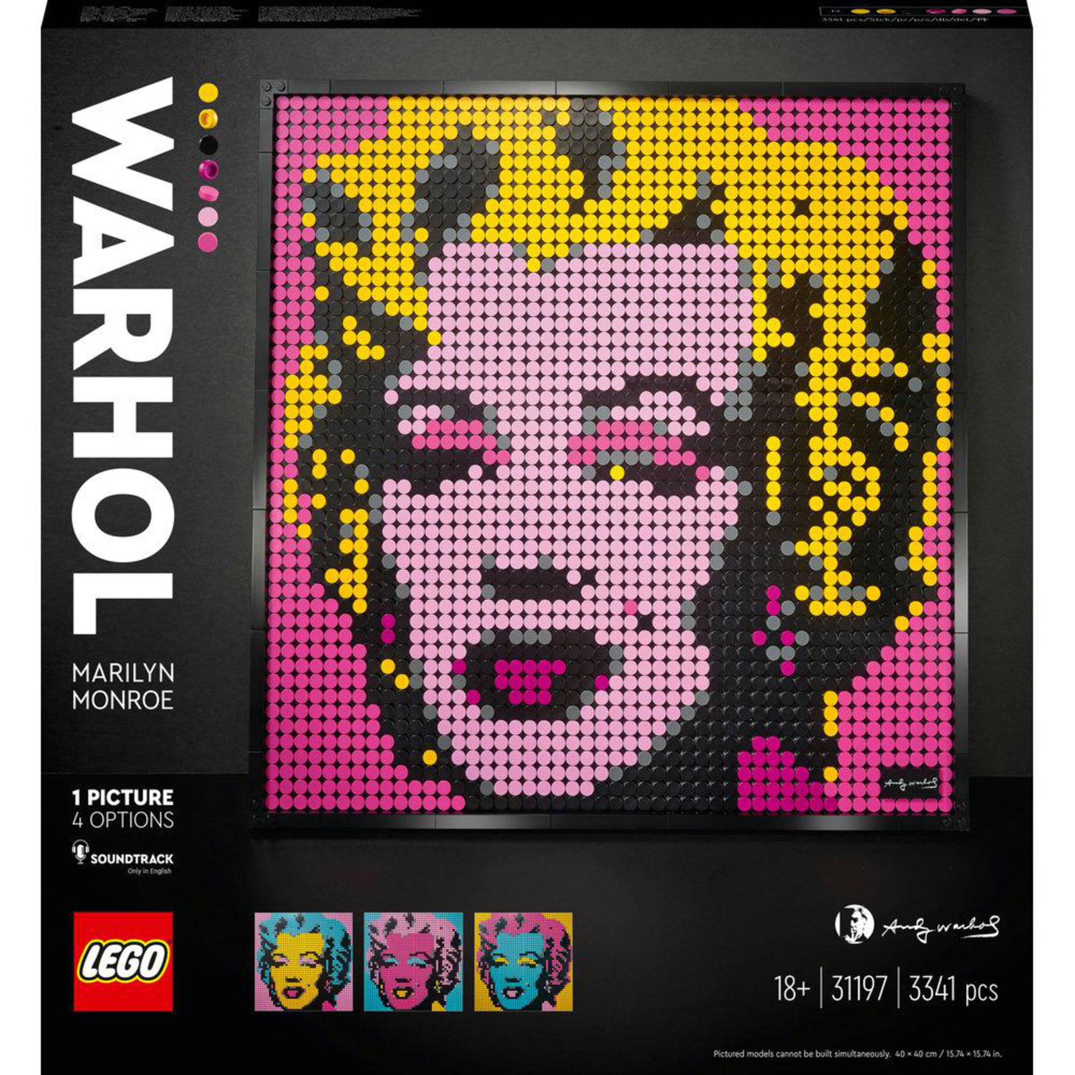 Zestaw Lego przedstawia pop-artowy portret Marilyn Monroe w różowych, żółtych i czarnych kropkach.