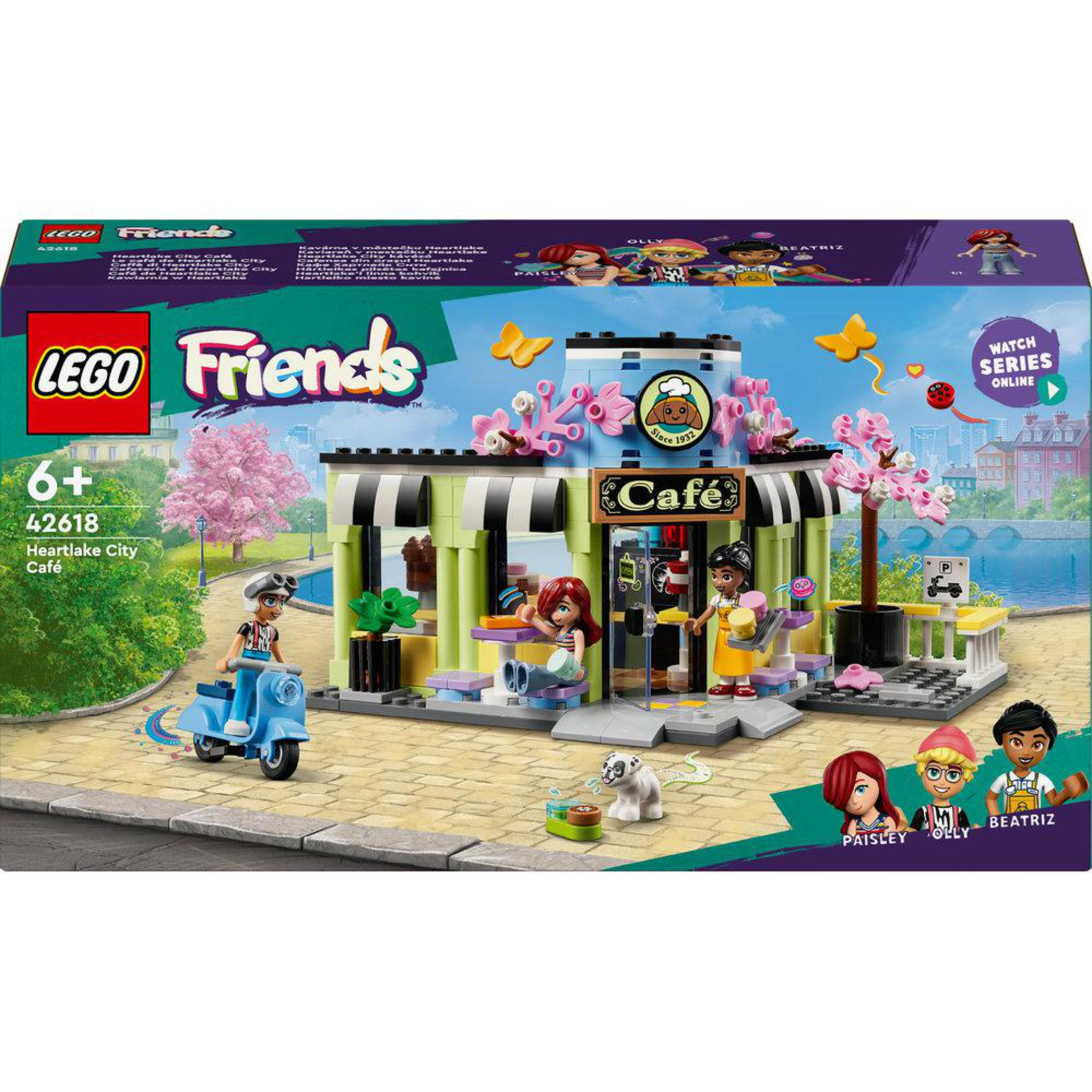 Pudełko zestawu LEGO Friends z kawiarnią, z minifigurkami i akcesoriami. Kolorowe i szczegółowe.