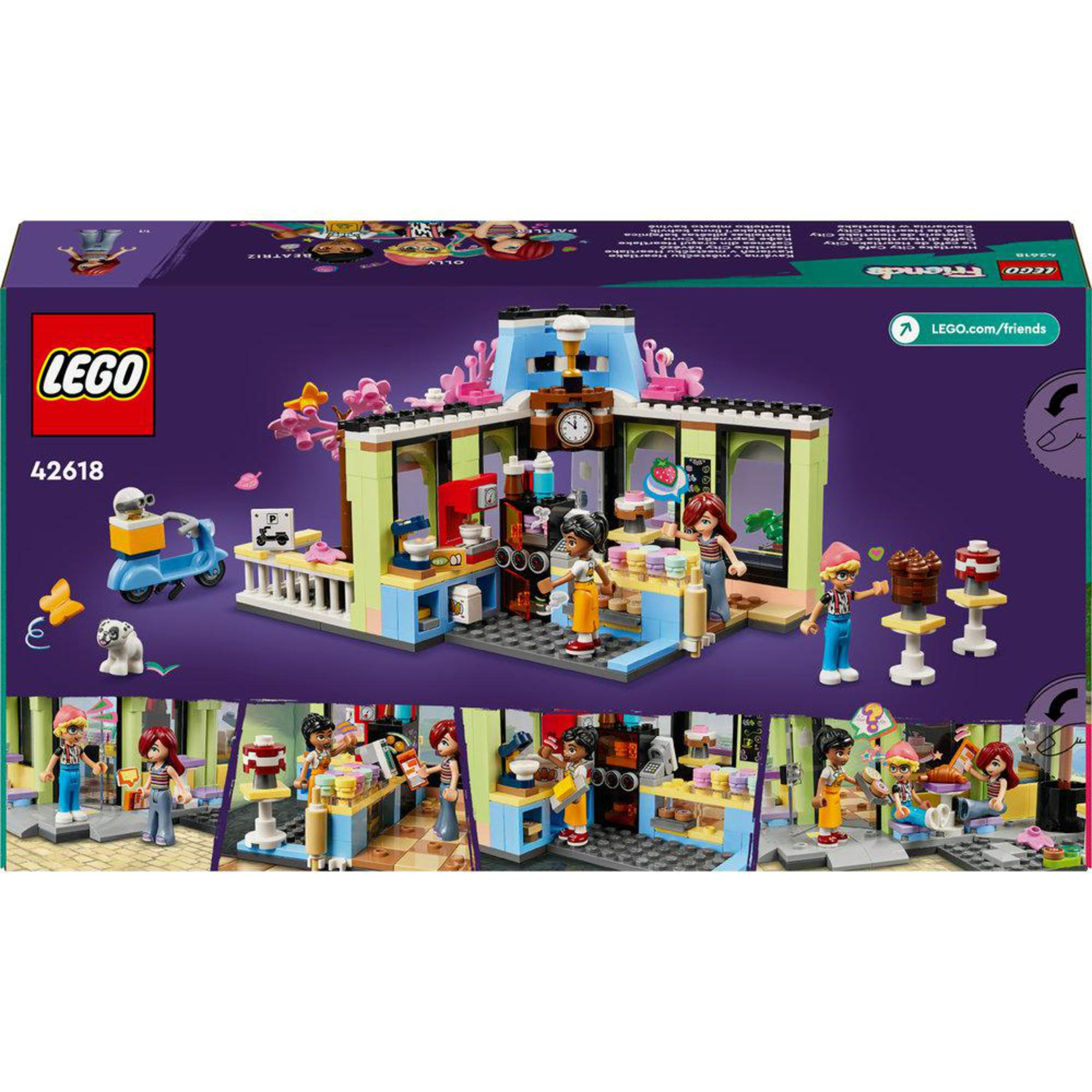 Tył pudełka zestawu Lego, Lego Friends, scena kawiarni z figurkami. Różne kolory.