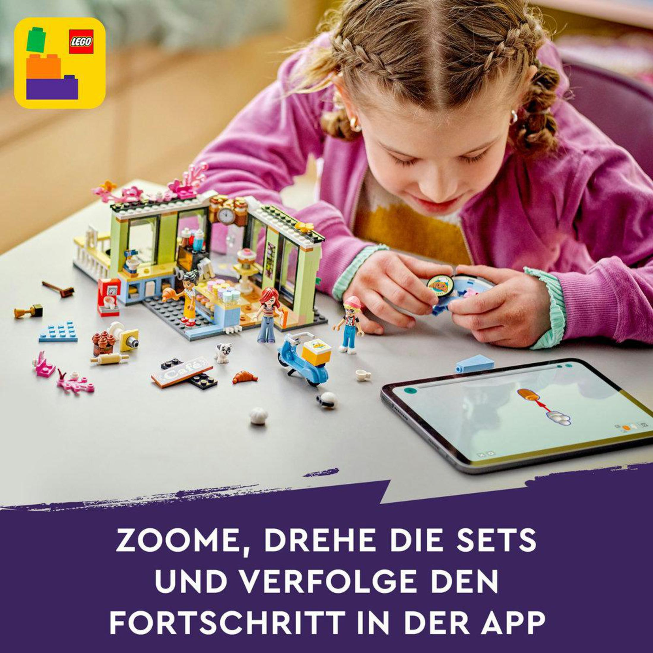 Dziecko bawi się zestawem Lego. Tablet pokazuje instrukcje. Pudełko Lego jest w tle.