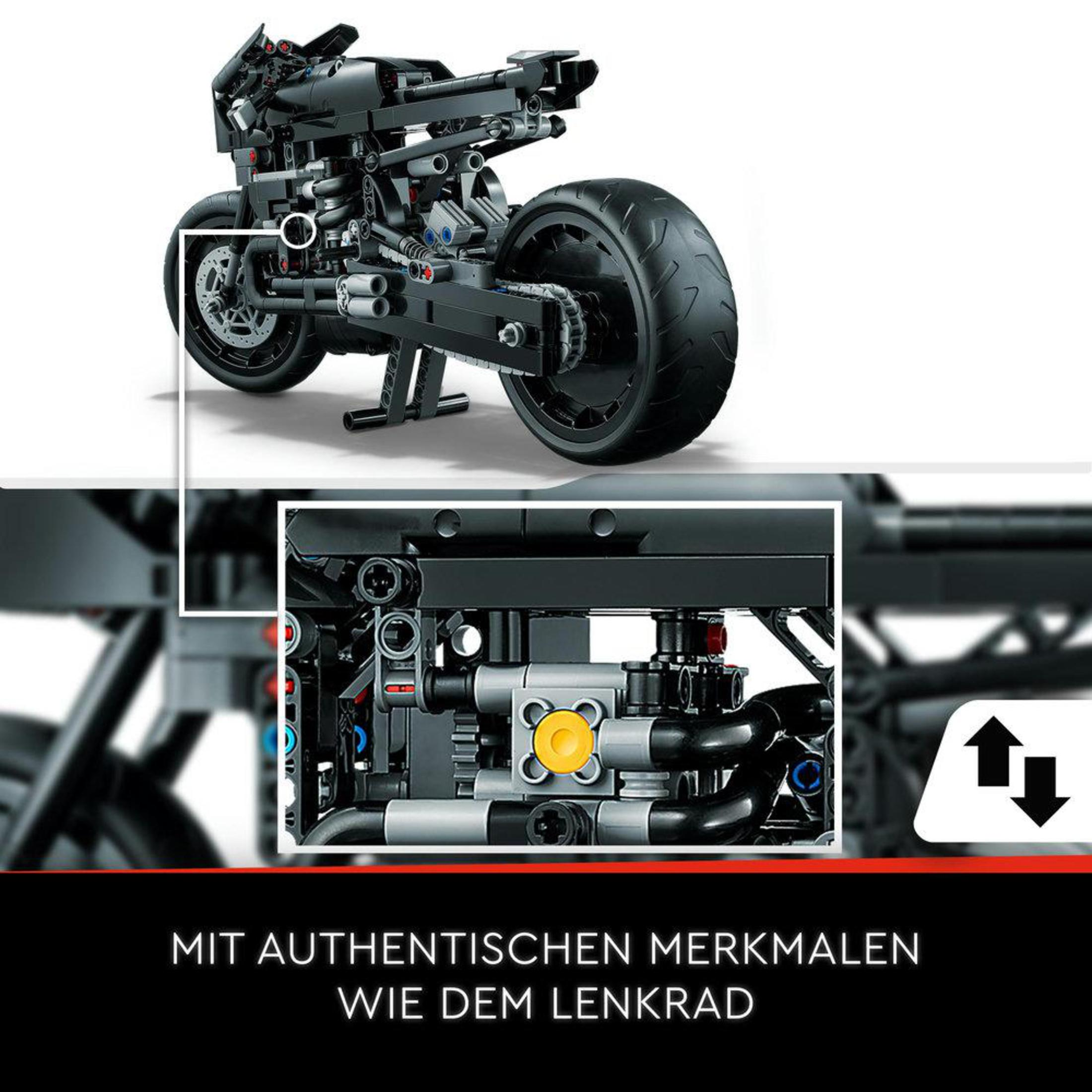 Zwarte Lego motorfiets met uitvergrote details, pijlen en tekst.