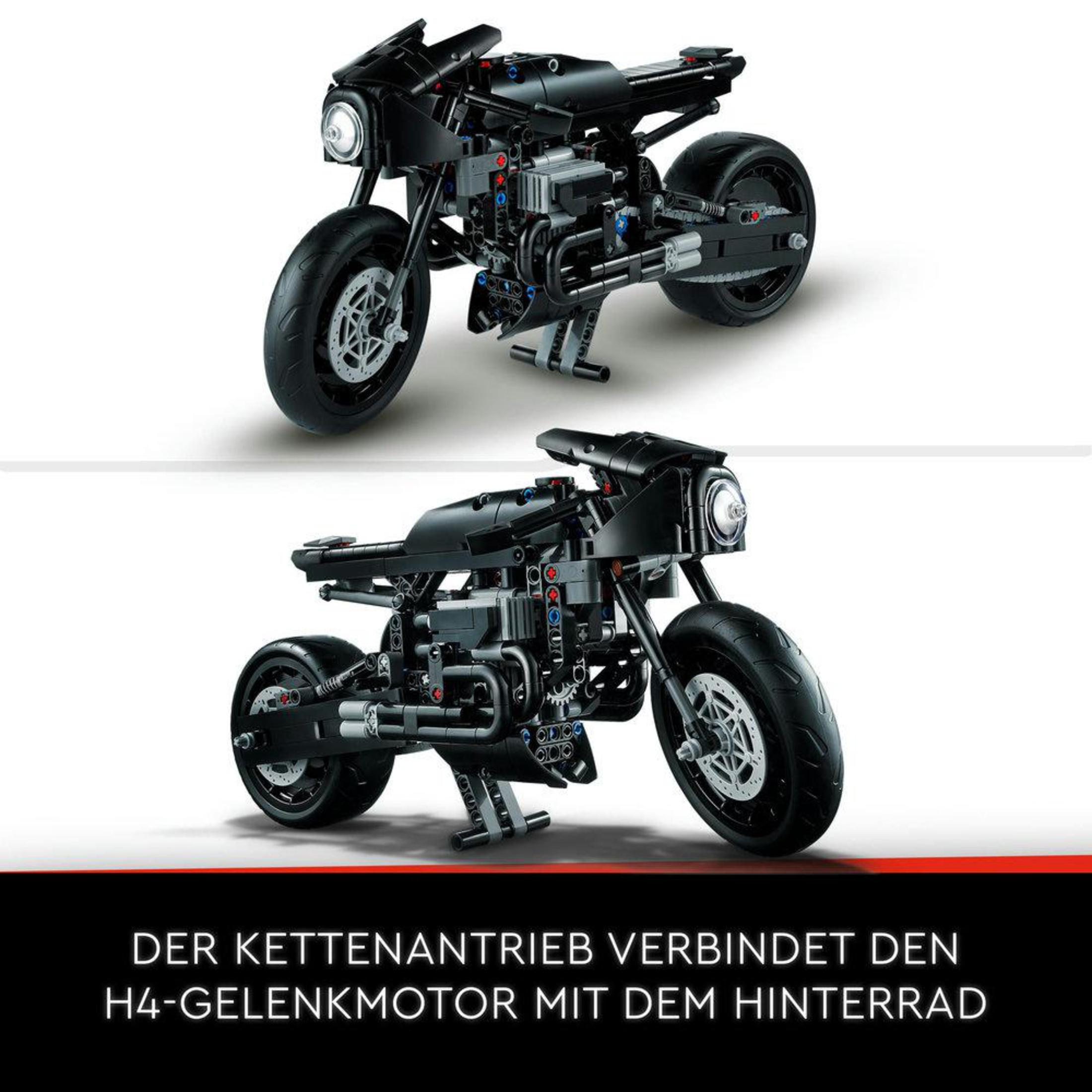 Twee zwarte motormodellen. De tekst hieronder luidt: De kettingaandrijving verbindt de H4-scharnier-motor met het achterwiel.