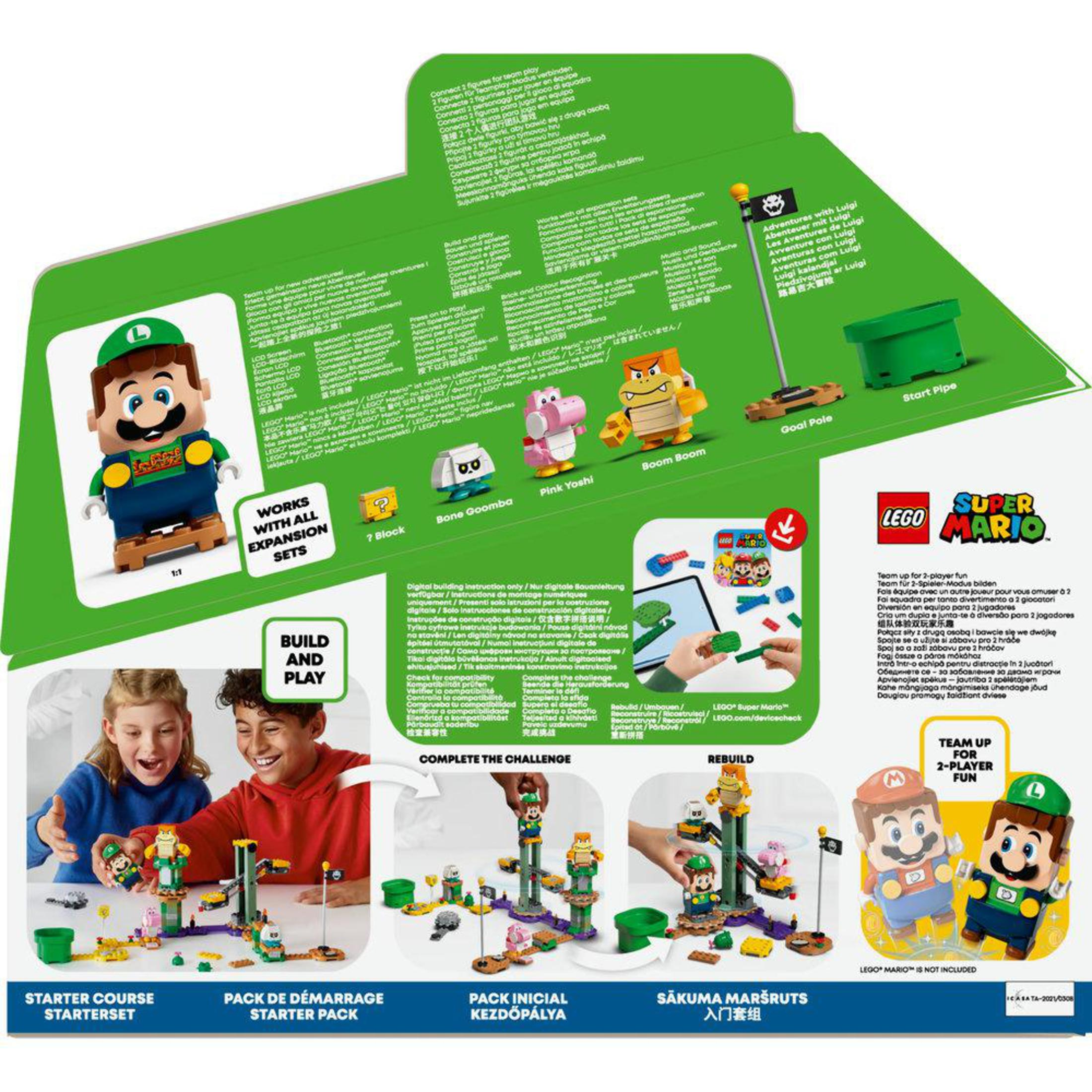 Lego Super Mario Box mit Charakteren und Bausätzen, die Spielszenarien veranschaulichen.