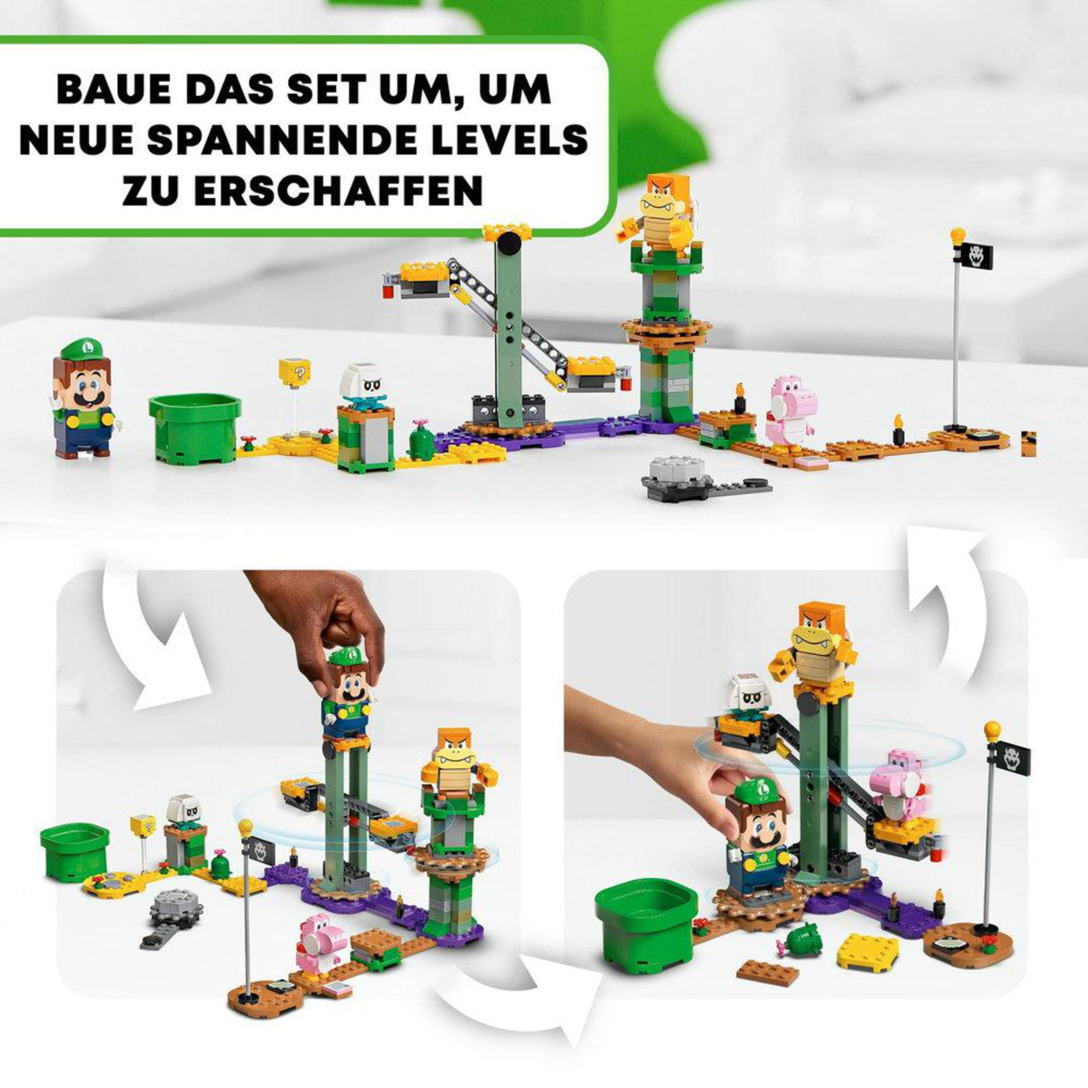 Lego Mario-Set mit Figuren und Hindernissen. Zwei Hände ordnen das Set in Schritten an.