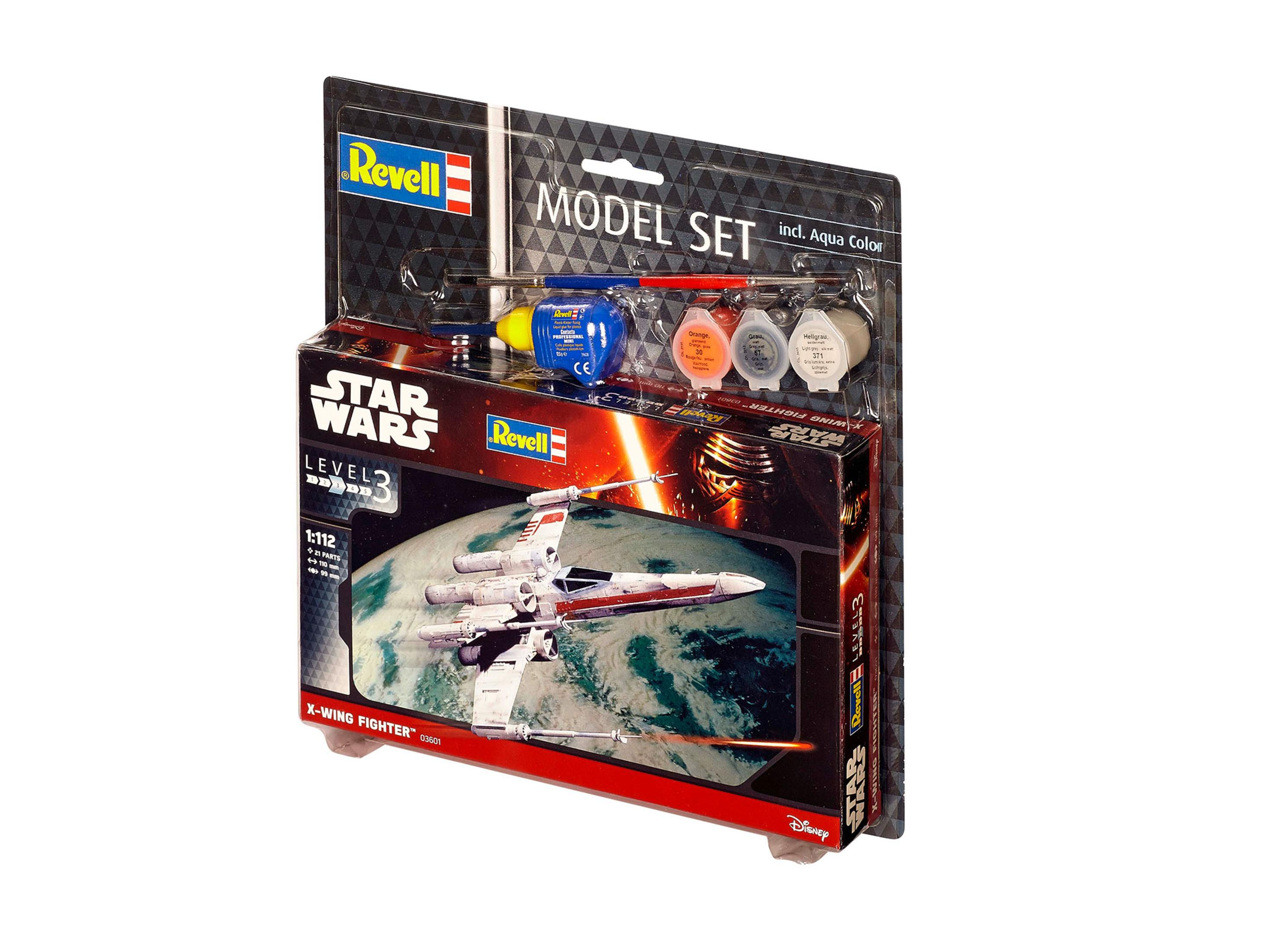 Boîte de kit de modèle Star Wars X-Wing Fighter, avec un modèle et des peintures.