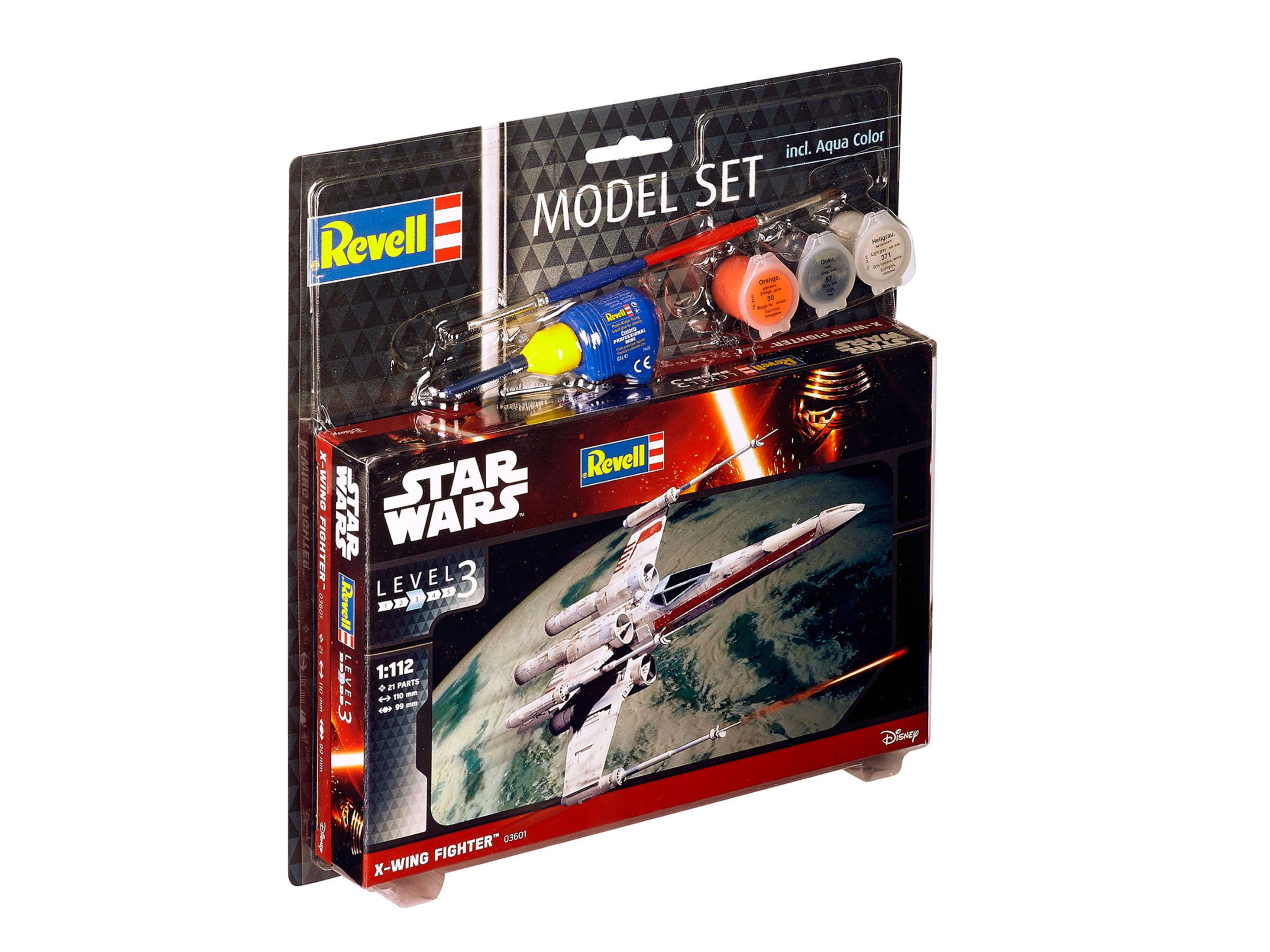 Emballage de kit de modèle d'un chasseur X-wing Star Wars. Contient peinture, colle et pièces.