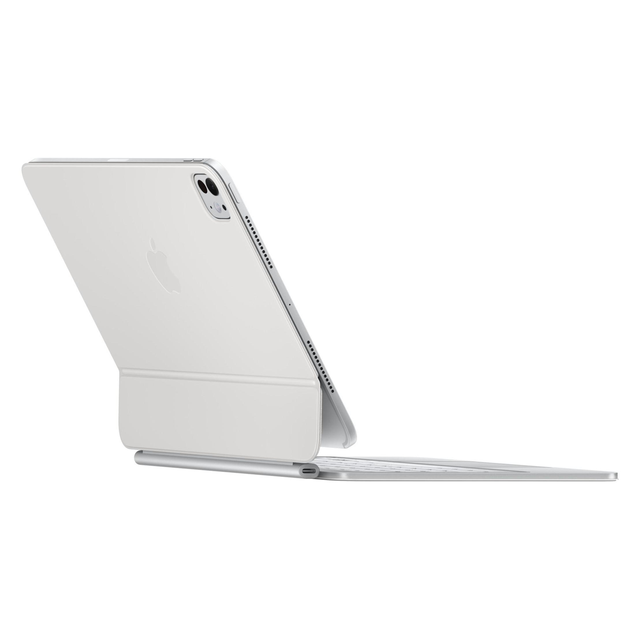 Un tablet bianco con tastiera collegata, vista posteriore angolata. Logo Apple visibile sul retro.