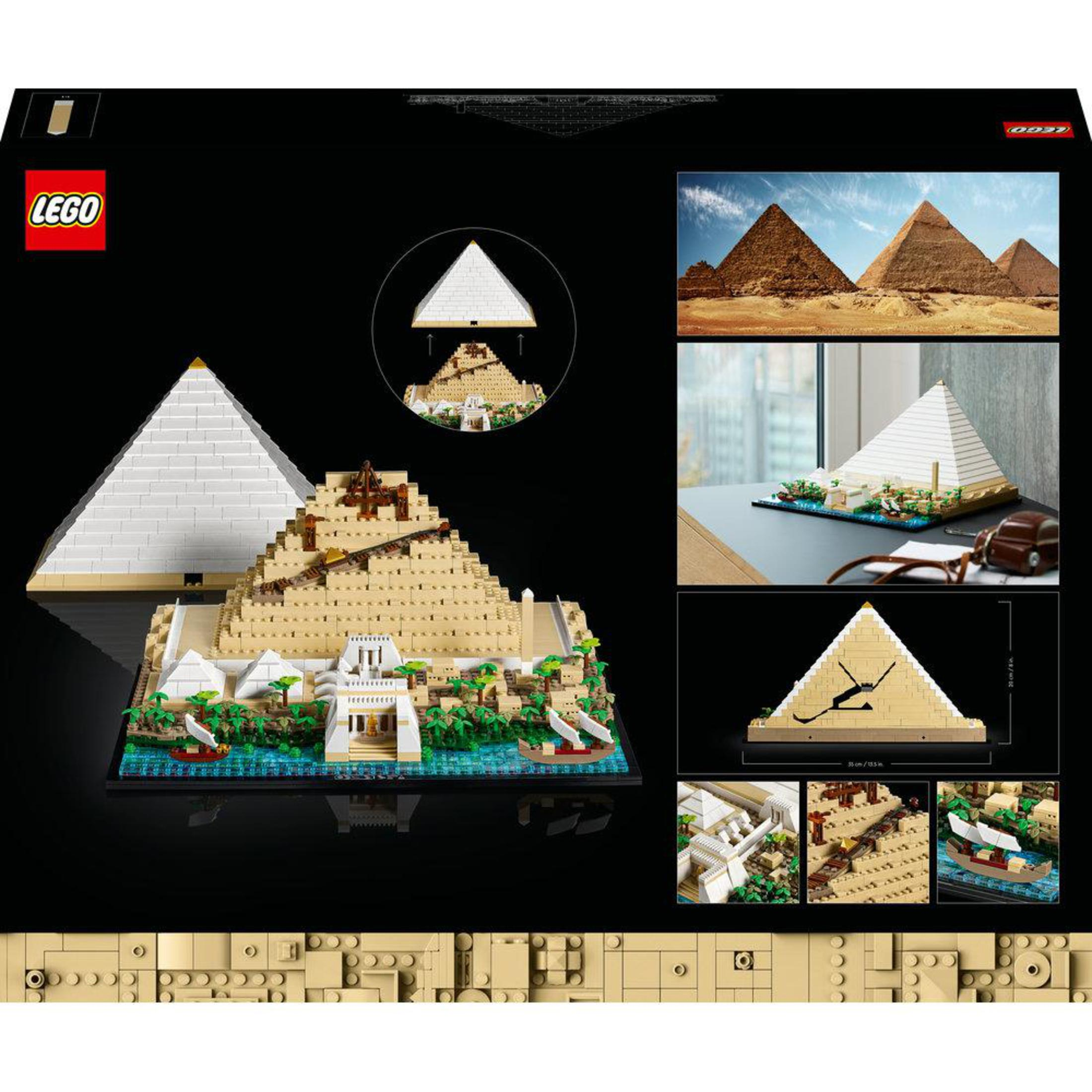 Lego-Set mit Pyramiden. Enthält ein Modell, eine Schachtel und Bilder echter Pyramiden.