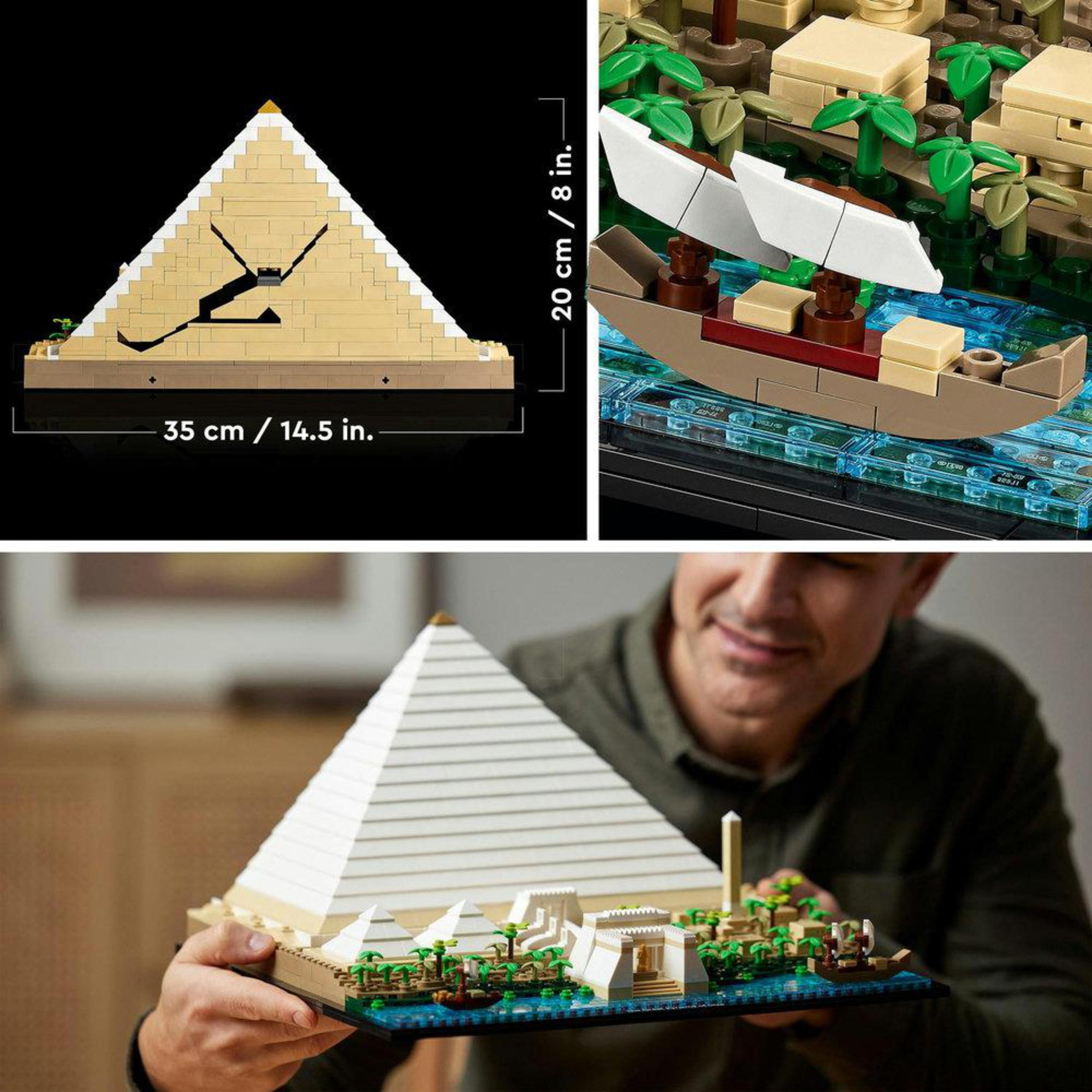 Ein Lego-Set einer Pyramide mit Maßen und einem Boot.
