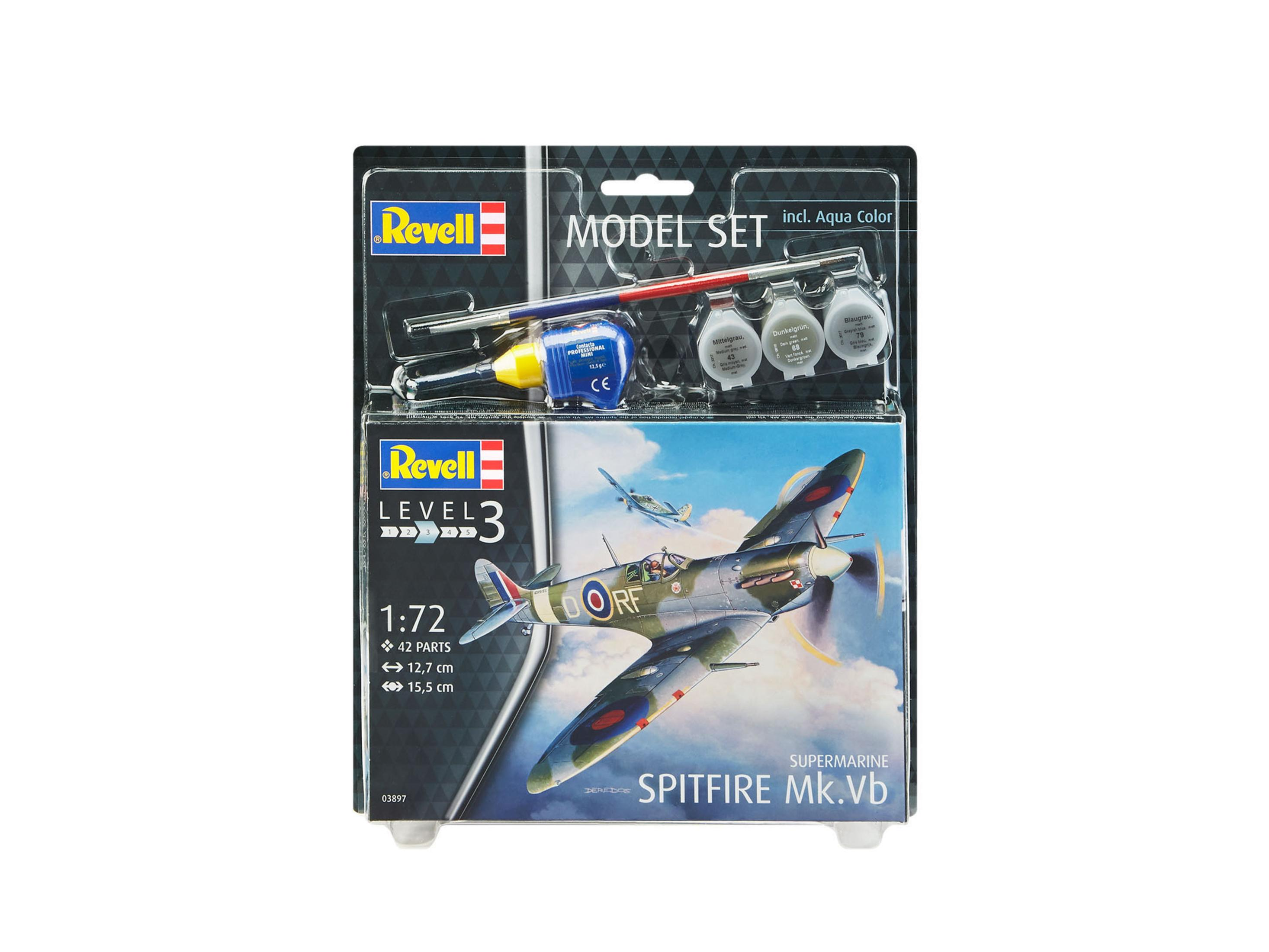 Ein Revell Modellbausatz einer Supermarine Spitfire Mk.Vb, mit Farbe und Kleber.