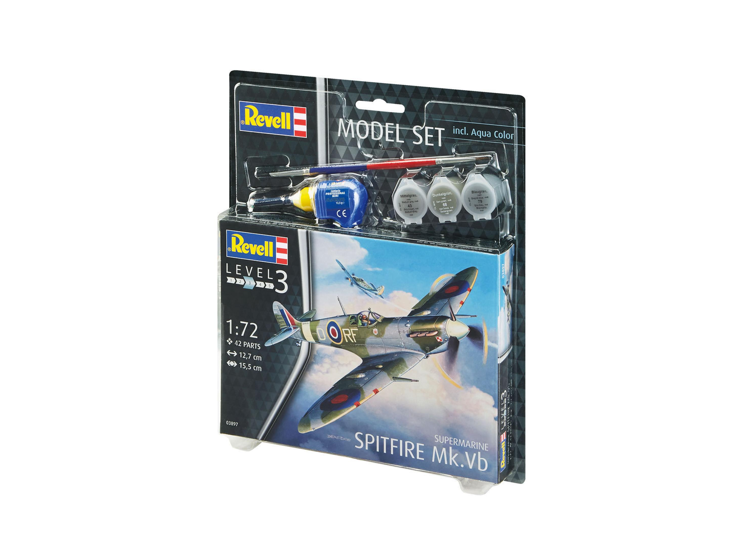Modellbausatz eines Spitfire Mk.Vb Flugzeugs, mit Farbe und Werkzeugen. Revell-Marke und Anweisungen sichtbar.