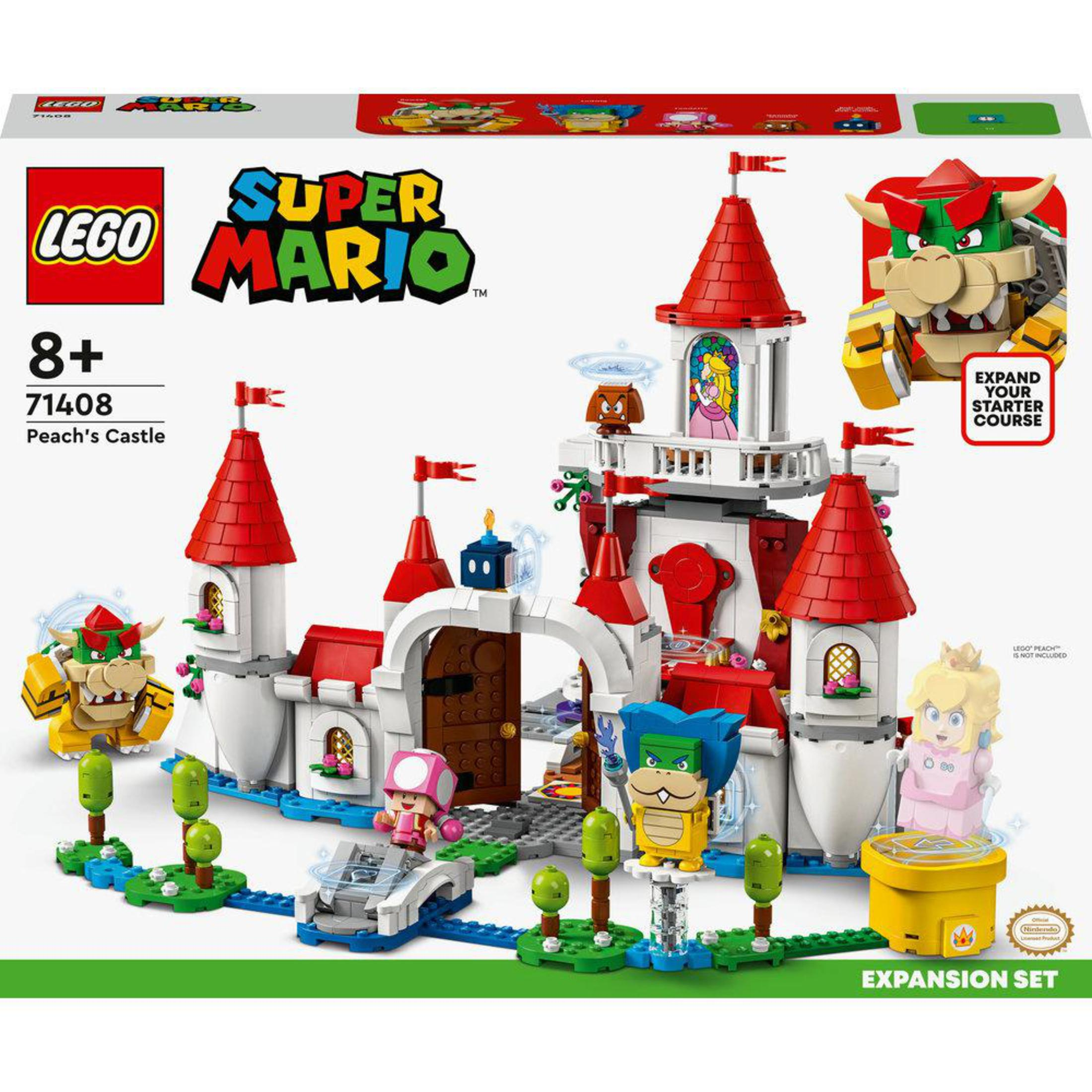 Een Lego Super Mario Peach's Castle set met kasteel, personages en elementen.