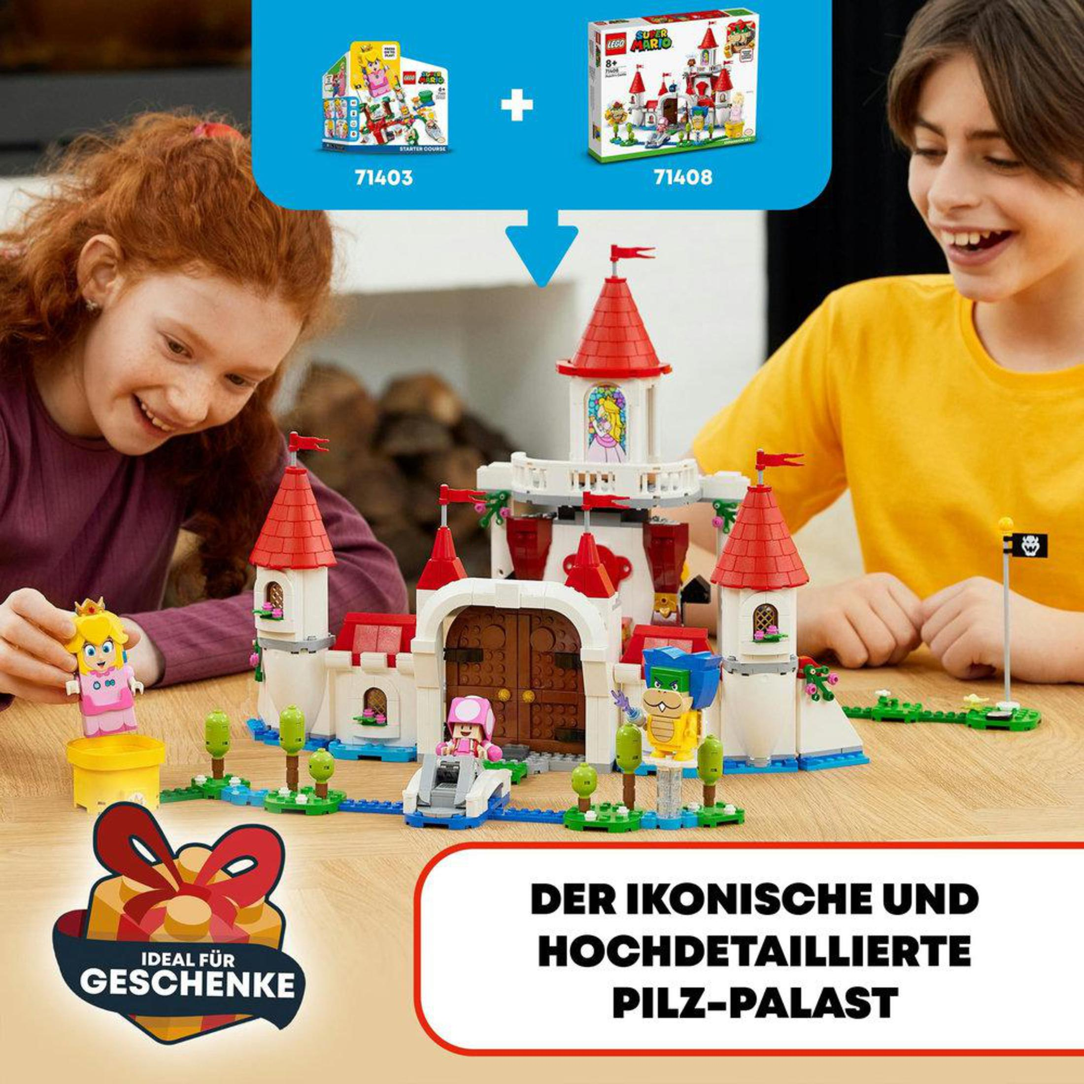 Twee kinderen bouwen een LEGO Super Mario kasteelset.