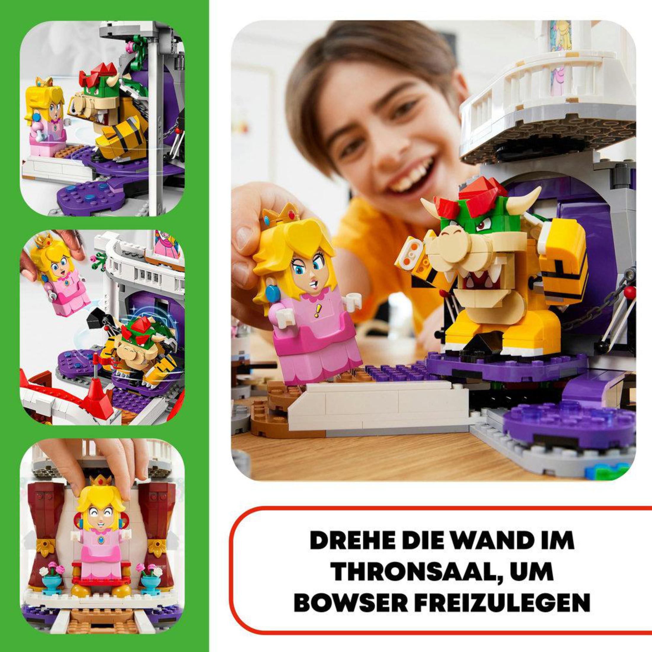 Een Lego-set met een jongen die speelt met de figuren van Princess Peach en Bowser. De jongen glimlacht.