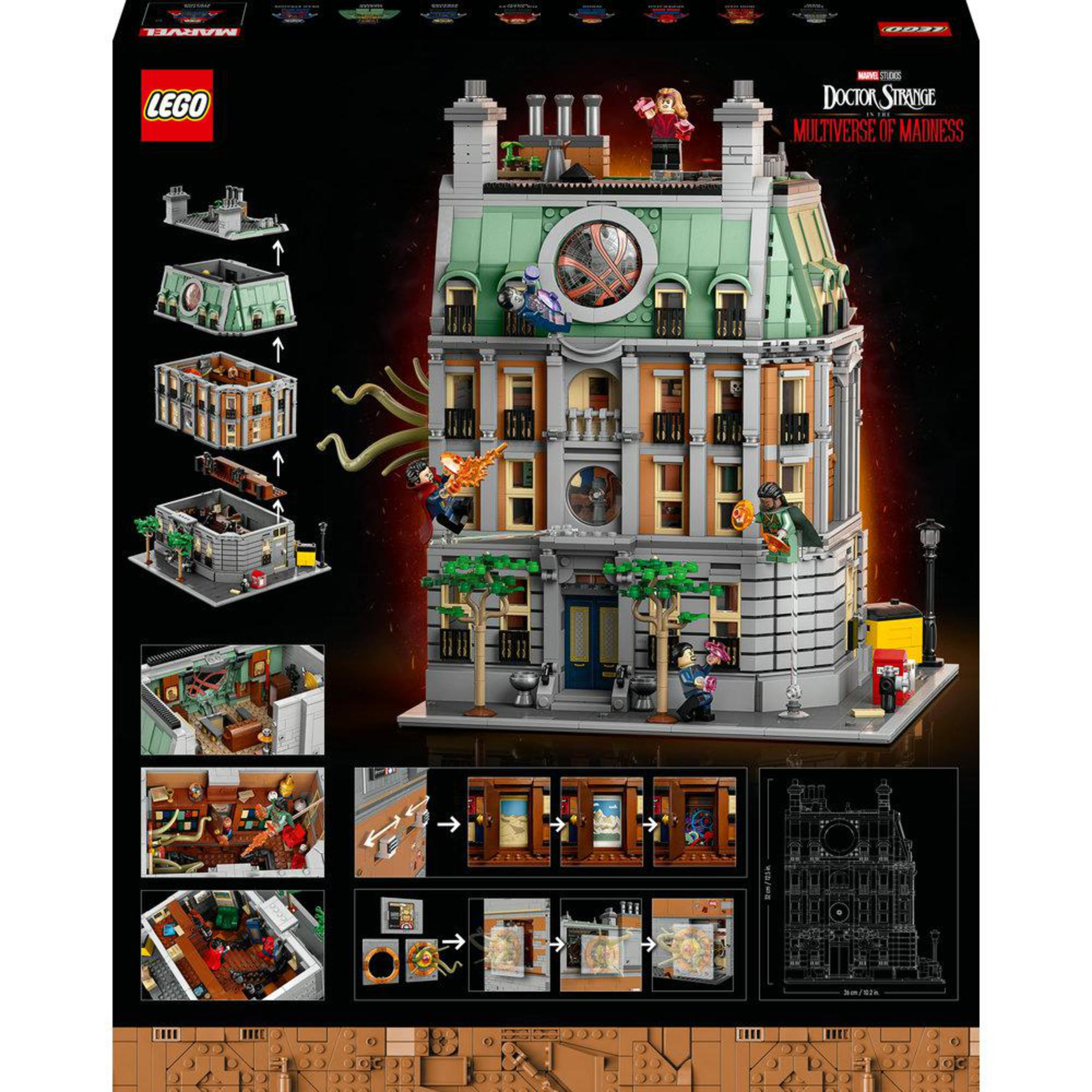 Zestaw Lego budynku Sanctum Sanctorum Doktora Strange'a, z wieloma poziomami i minifigurkami.