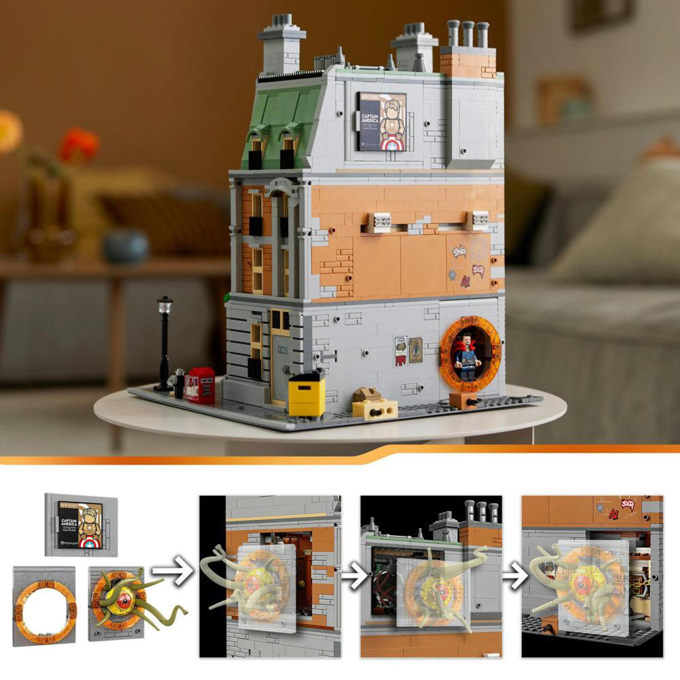 Model Lego budynku z portalem i figurkami.