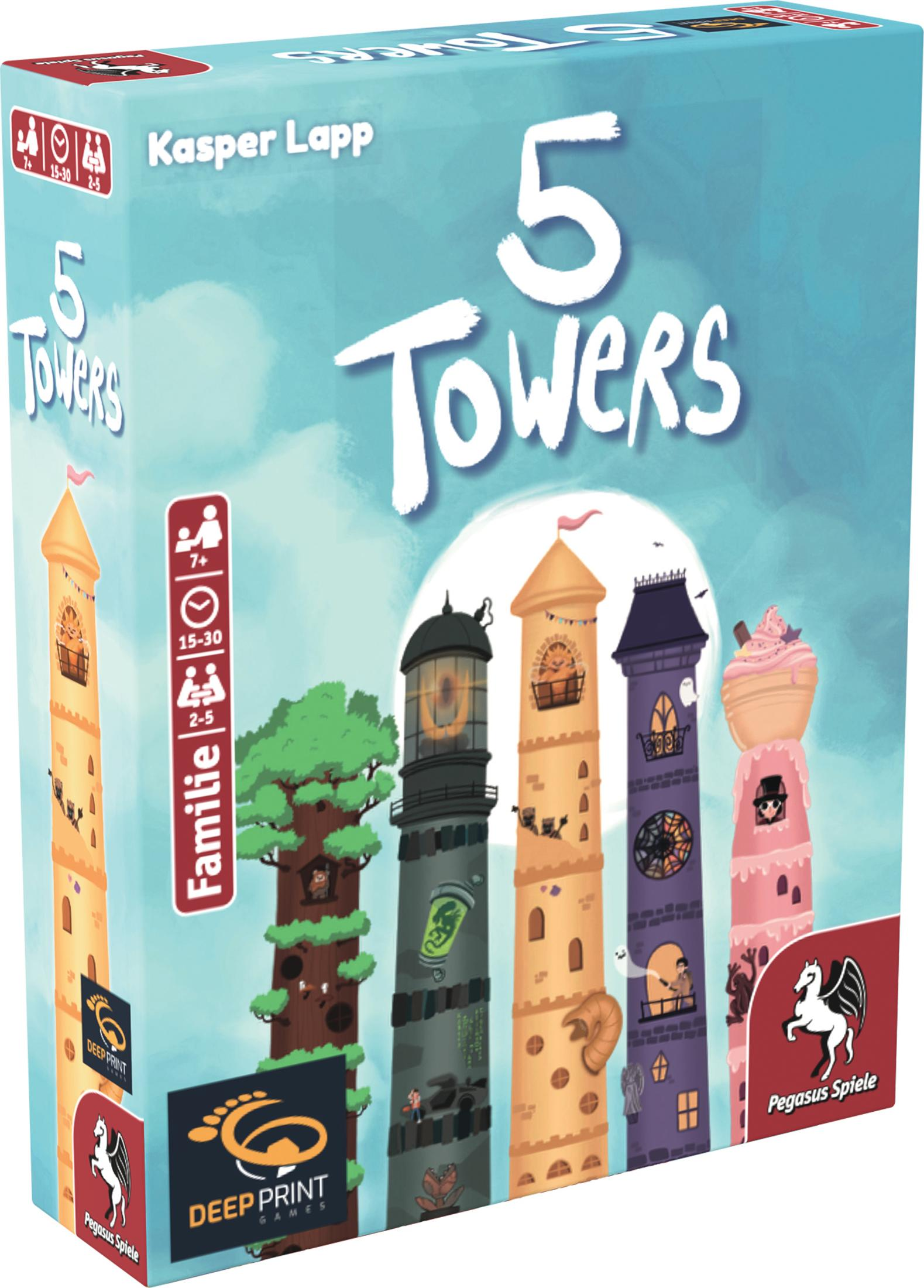 Schachtel eines Brettspiels namens „5 Towers“ mit Türmen und einem Pegasus-Logo.