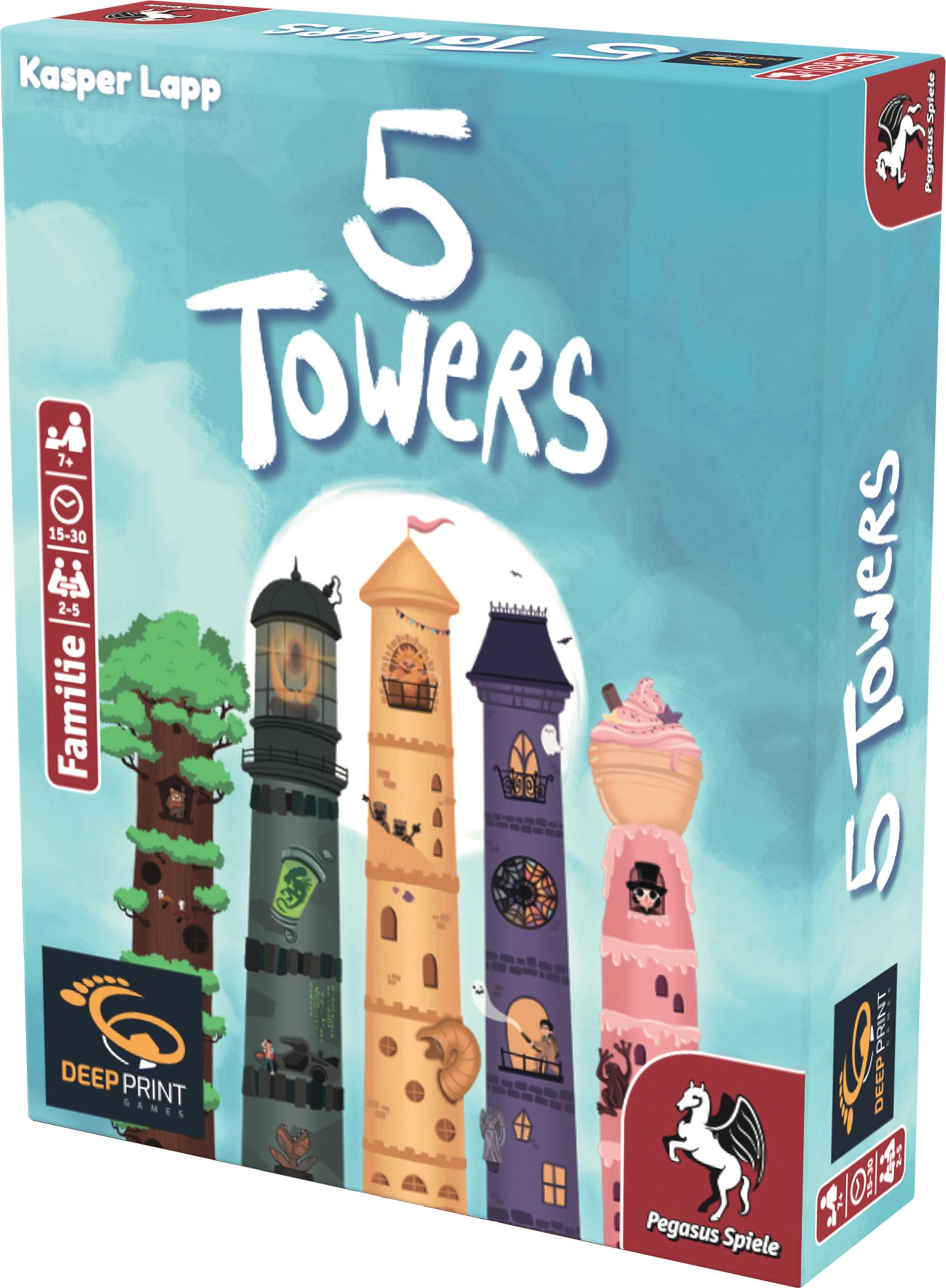 Schachtel des Brettspiels '5 Towers' mit bunten Türmen und bewölktem Himmel.