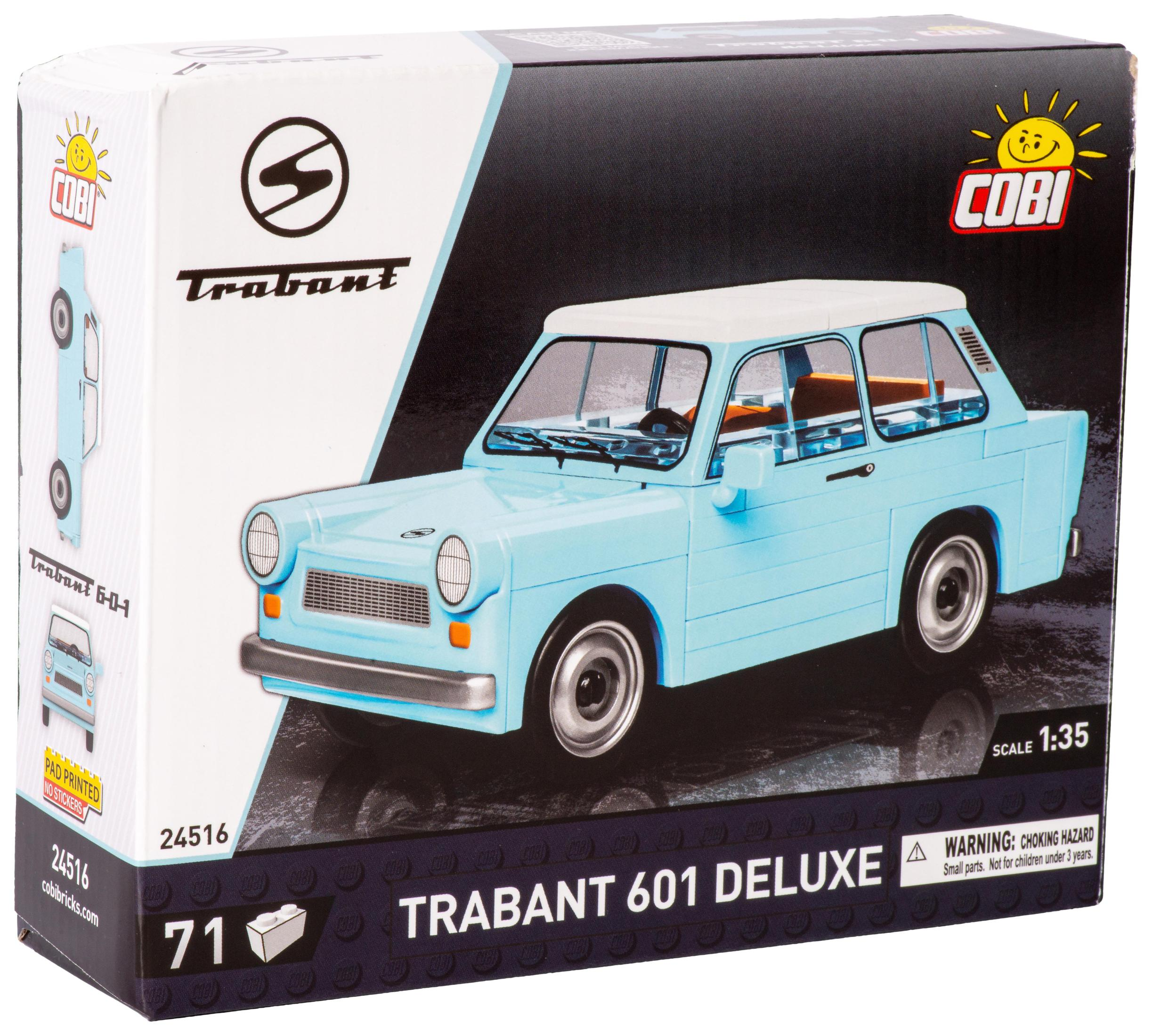 Box für Trabant 601 Deluxe Modellauto. Hellblaues Auto-Bild auf der Box mit weißem Dach. Cobi-Marke.