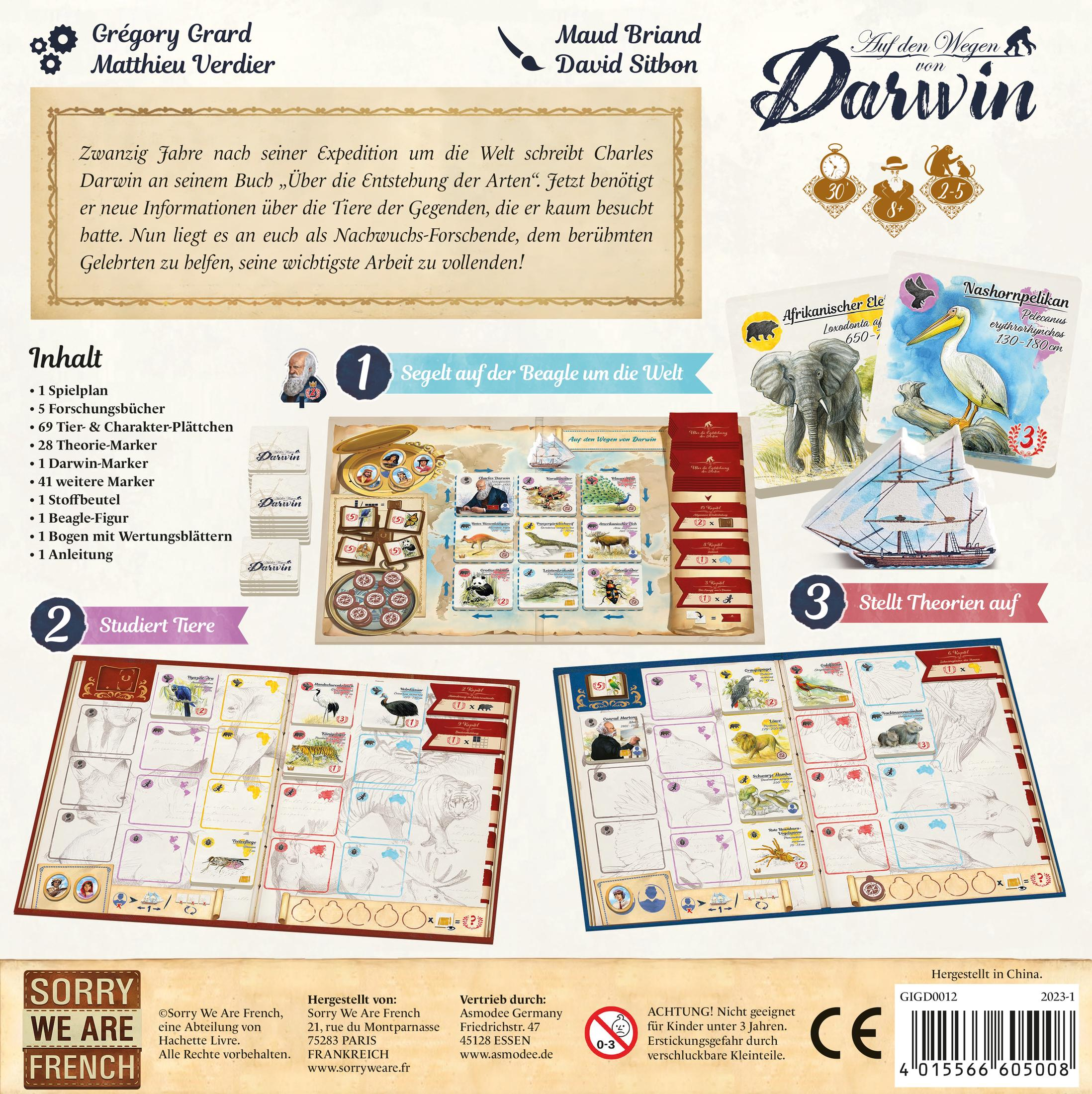 Eine Spielbox mit einer Karte, Spielsteinen und Illustrationen von Tieren.