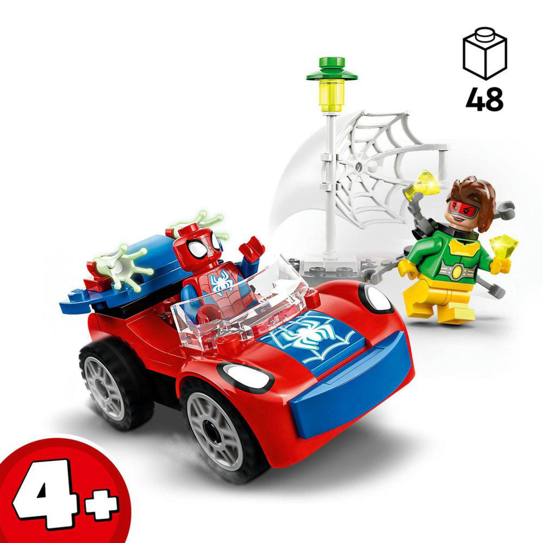 Lego Spider-Man Auto mit Spider-Man Figur, und eine andere Figur mit Edelsteinen und Turm.