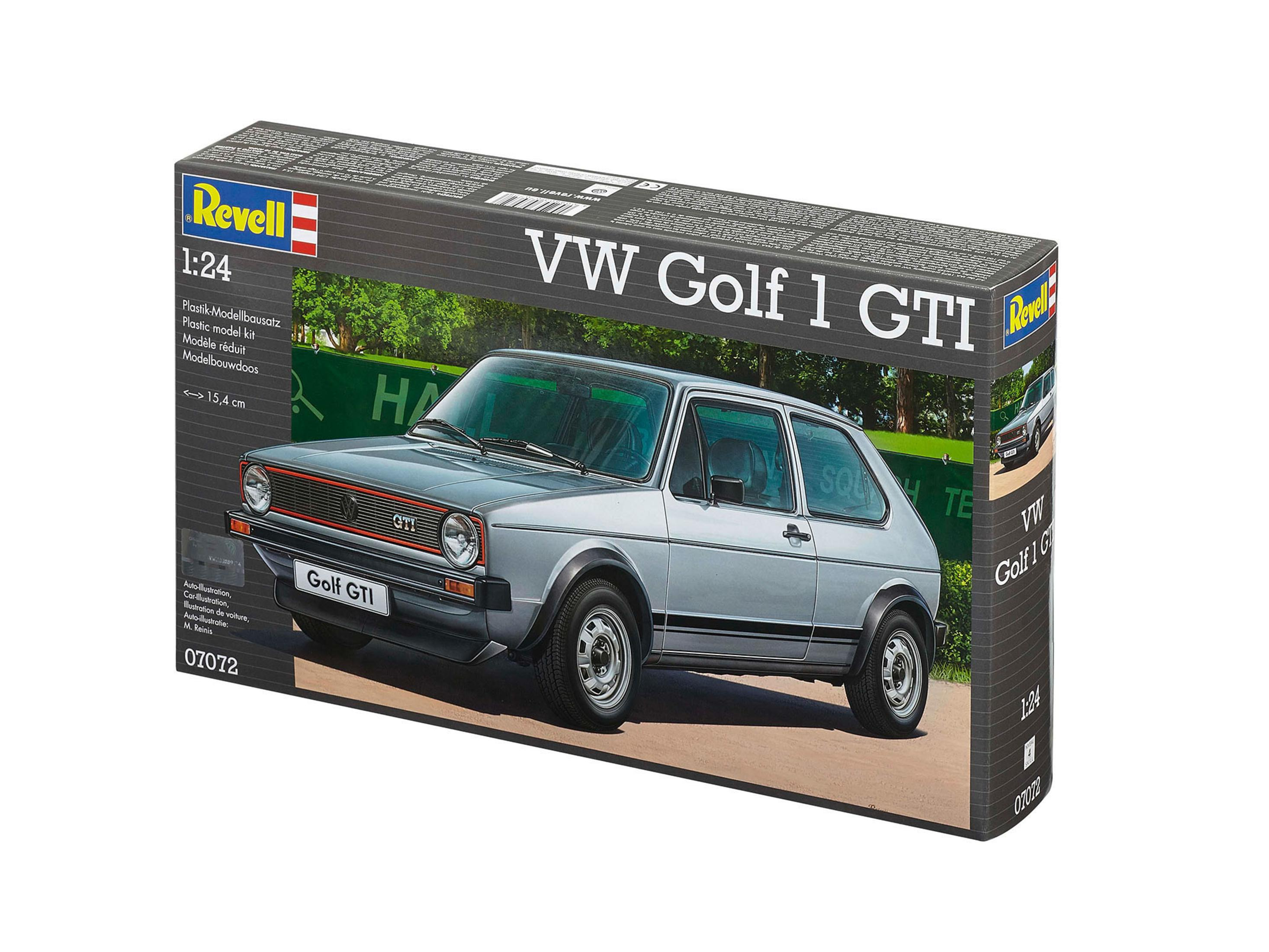 Pudełko zestawu modelu VW Golf 1 GTI. Pudełko zawiera obraz srebrnego samochodu.