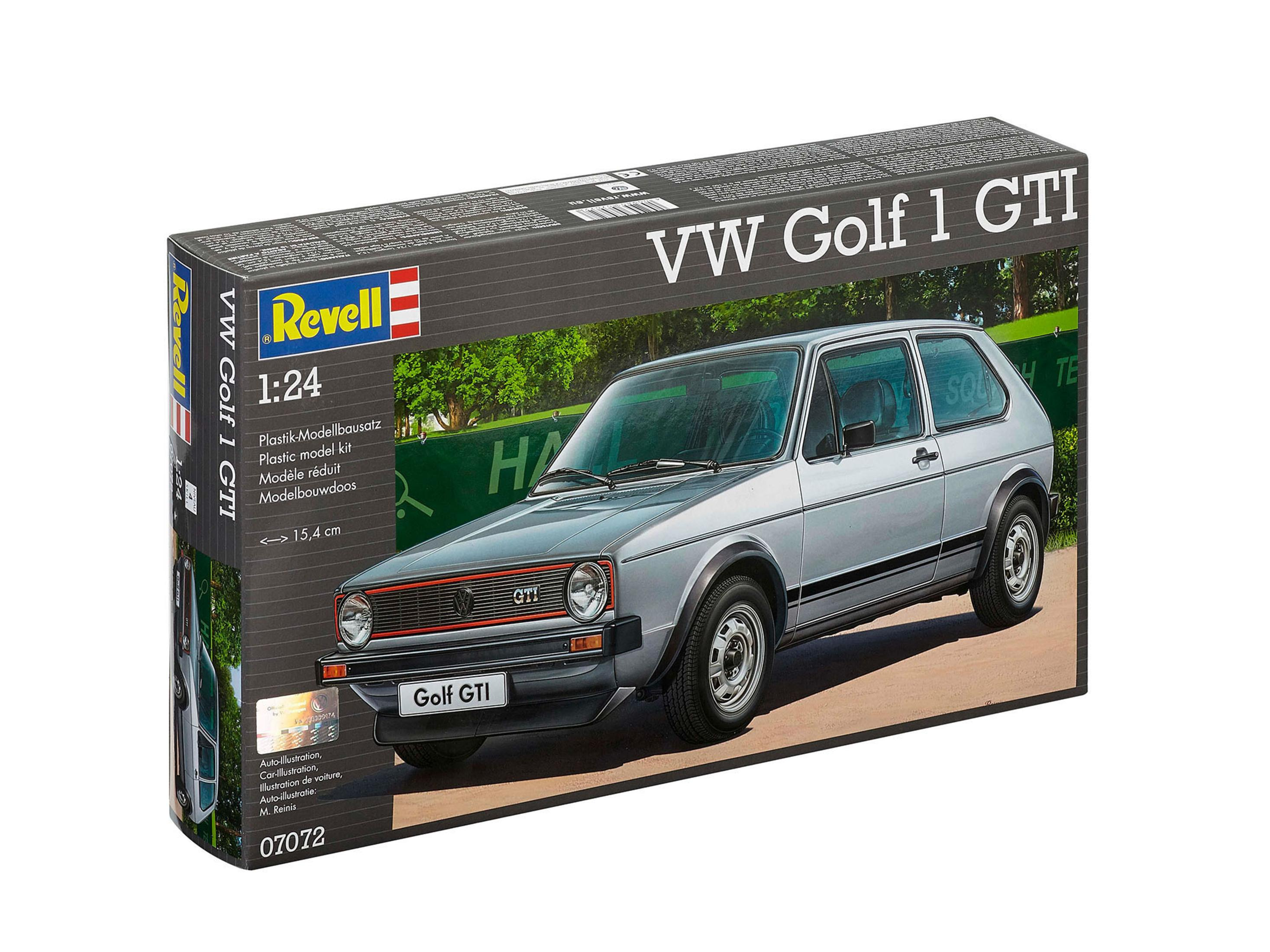Pudełko modelu srebrnego samochodu VW Golf 1 GTI z czerwonym paskiem na białym tle.