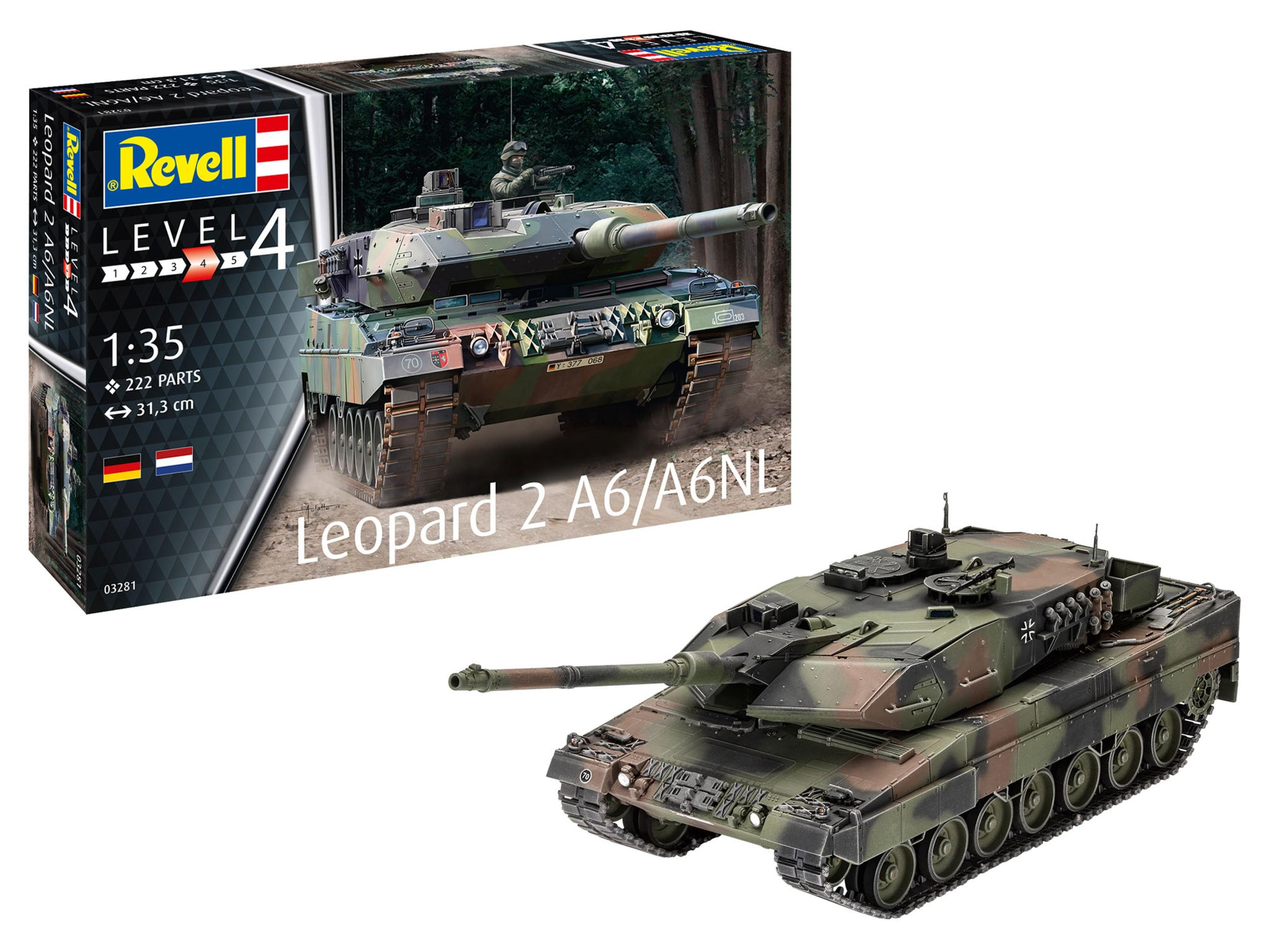 Ein Modellpanzer neben der Schachtel. Auf der Schachtel steht "Leopard 2 A6/A6NL" und "Level 4".