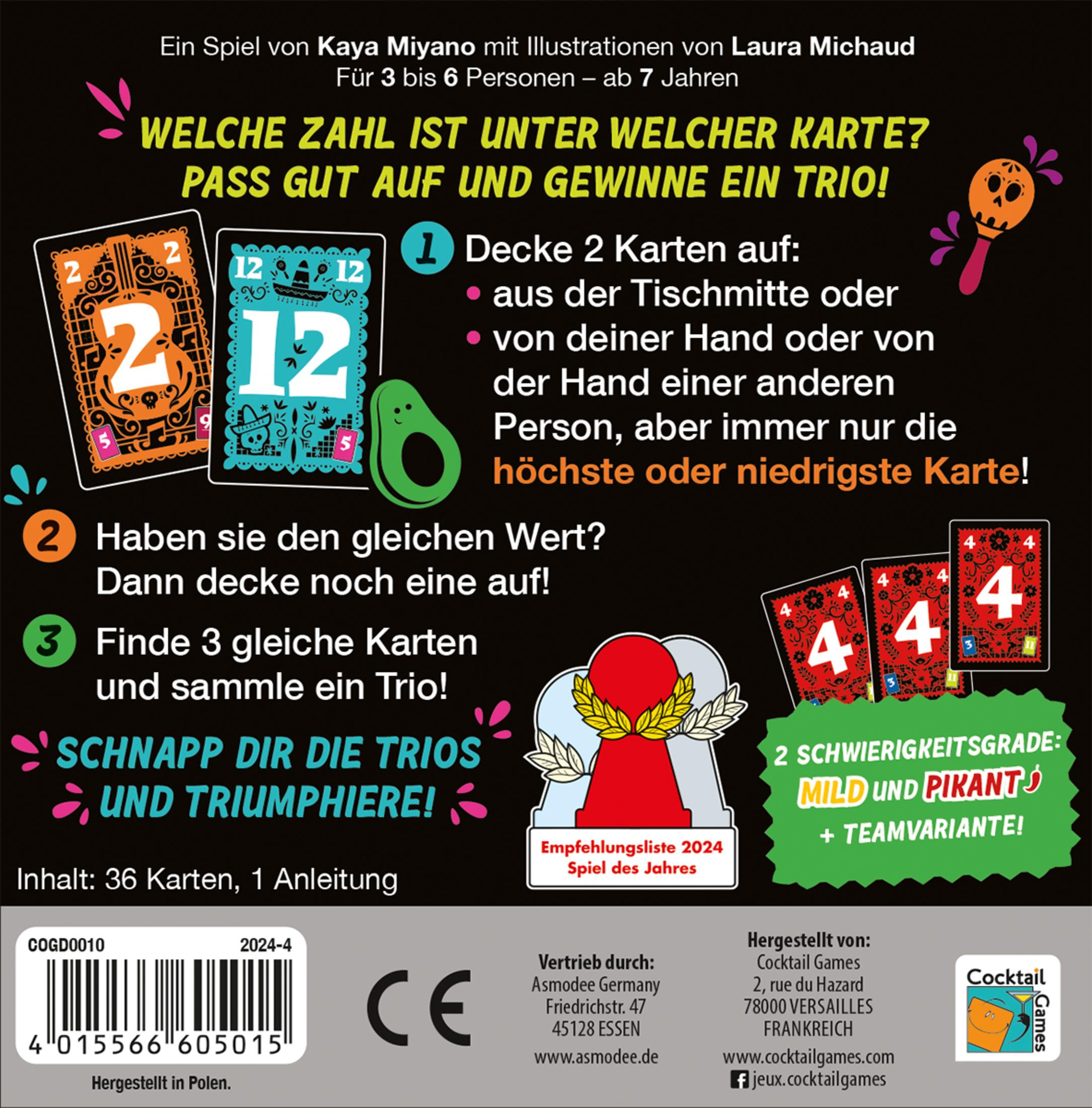Une boîte de jeu de cartes avec du texte en plusieurs langues, avec une petite illustration de crâne dans le coin.