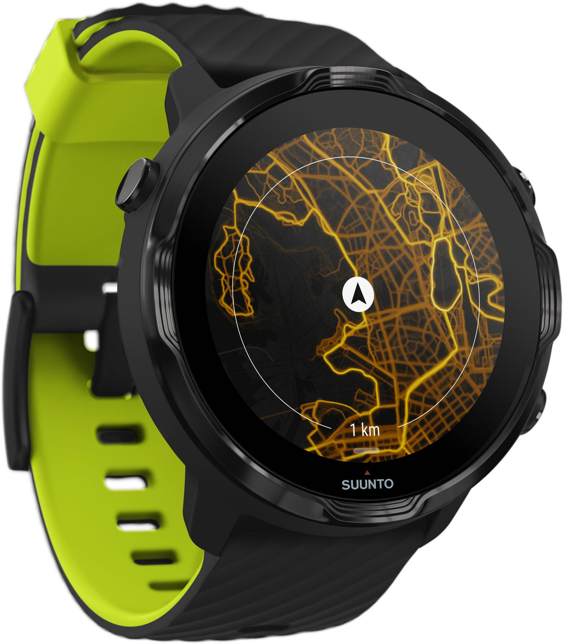 Schwarze und grüne Suunto Uhr am Handgelenk, mit einer Kartenanzeige, die eine Stadt zeigt.