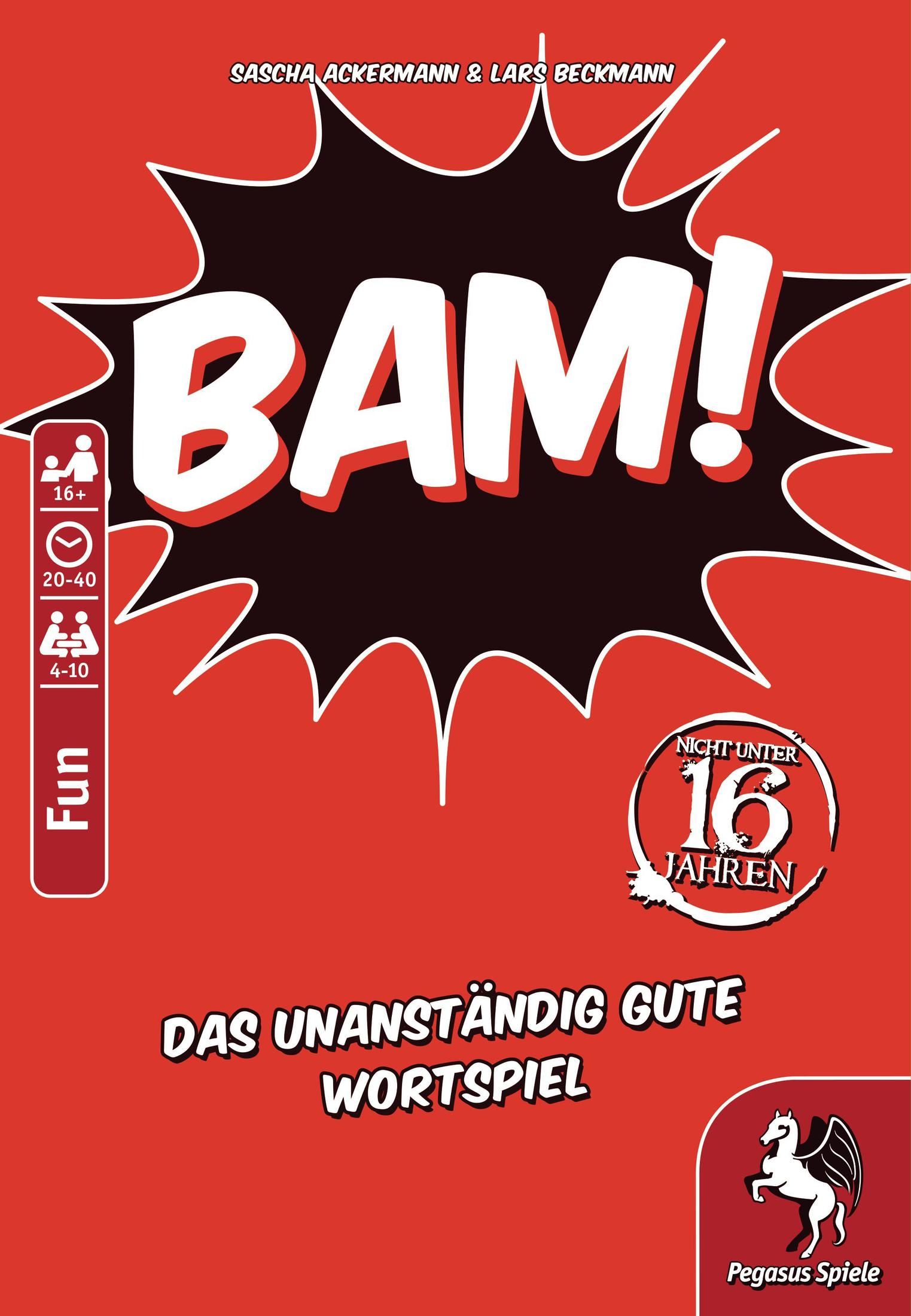 Rote Spielbox mit dem Wort "BAM!" in Weiß. Es zeigt Alter 16+, 20-40 Min., 4-10 Spieler an.