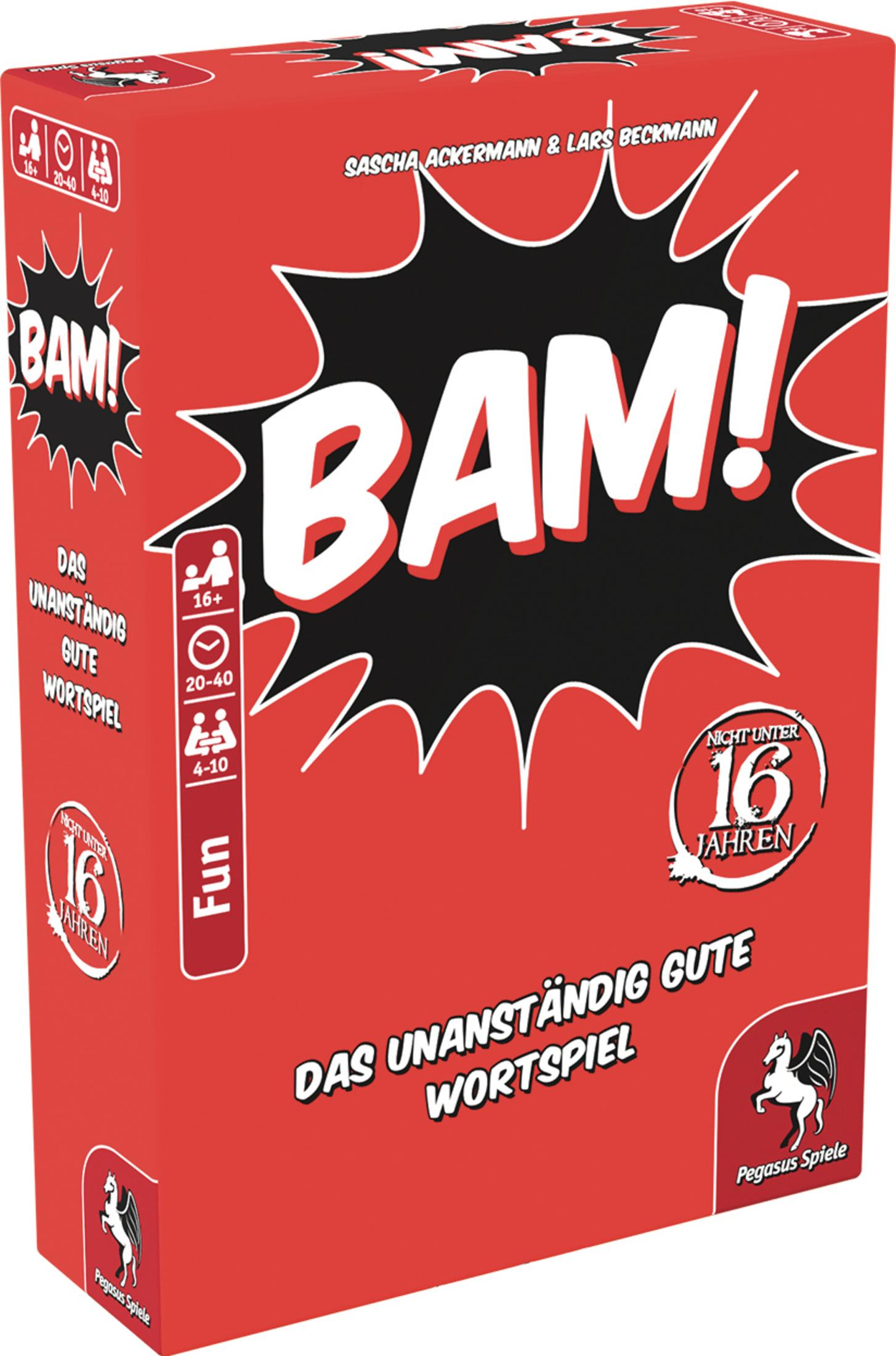 Eine rote Spielbox mit dem Spieltitel 'BAM!' in großen weißen Buchstaben.