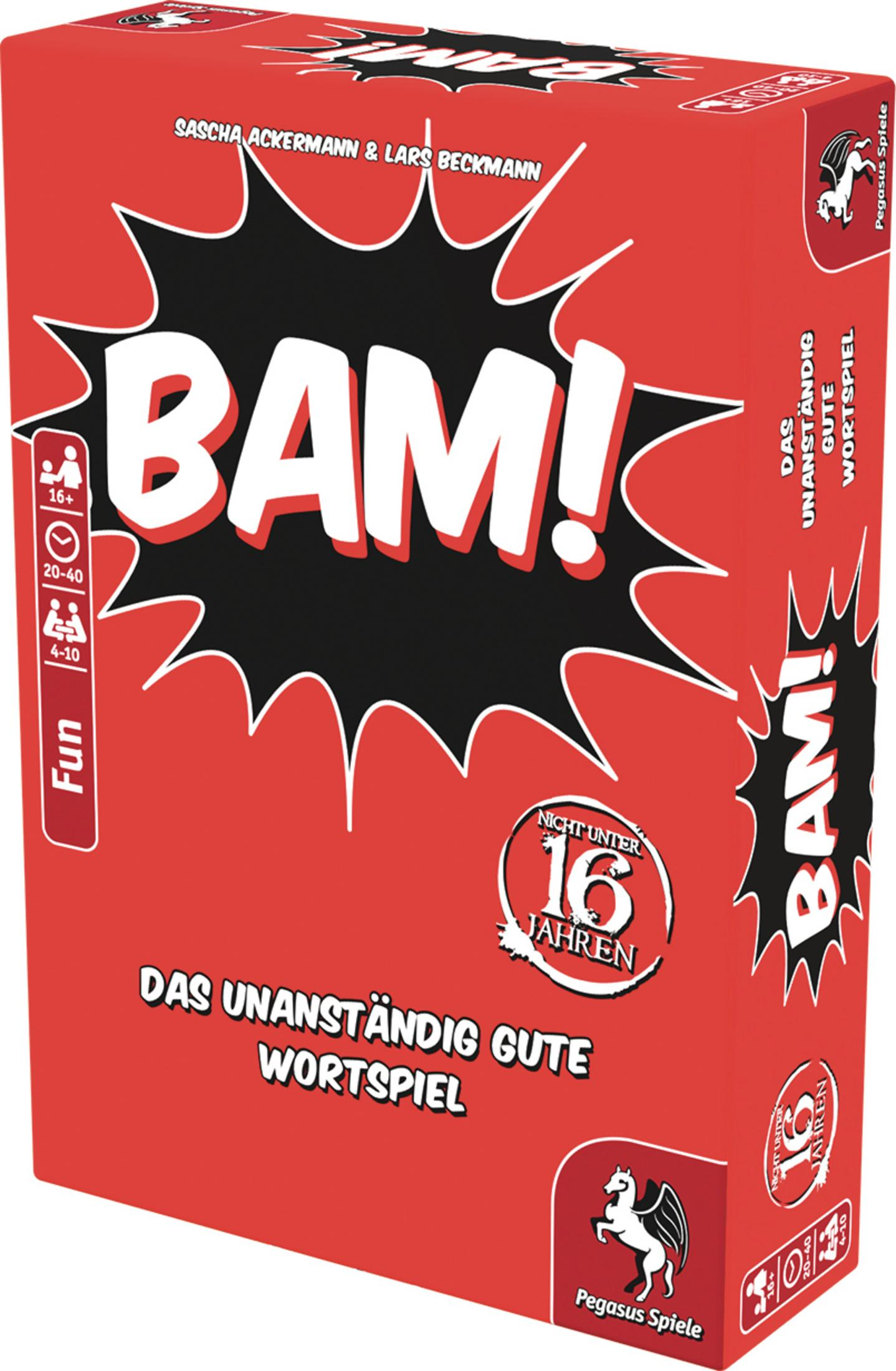 Rote Box mit 'BAM!' in Weiß. Schwarze Burst-Form und Text. Spielbox.