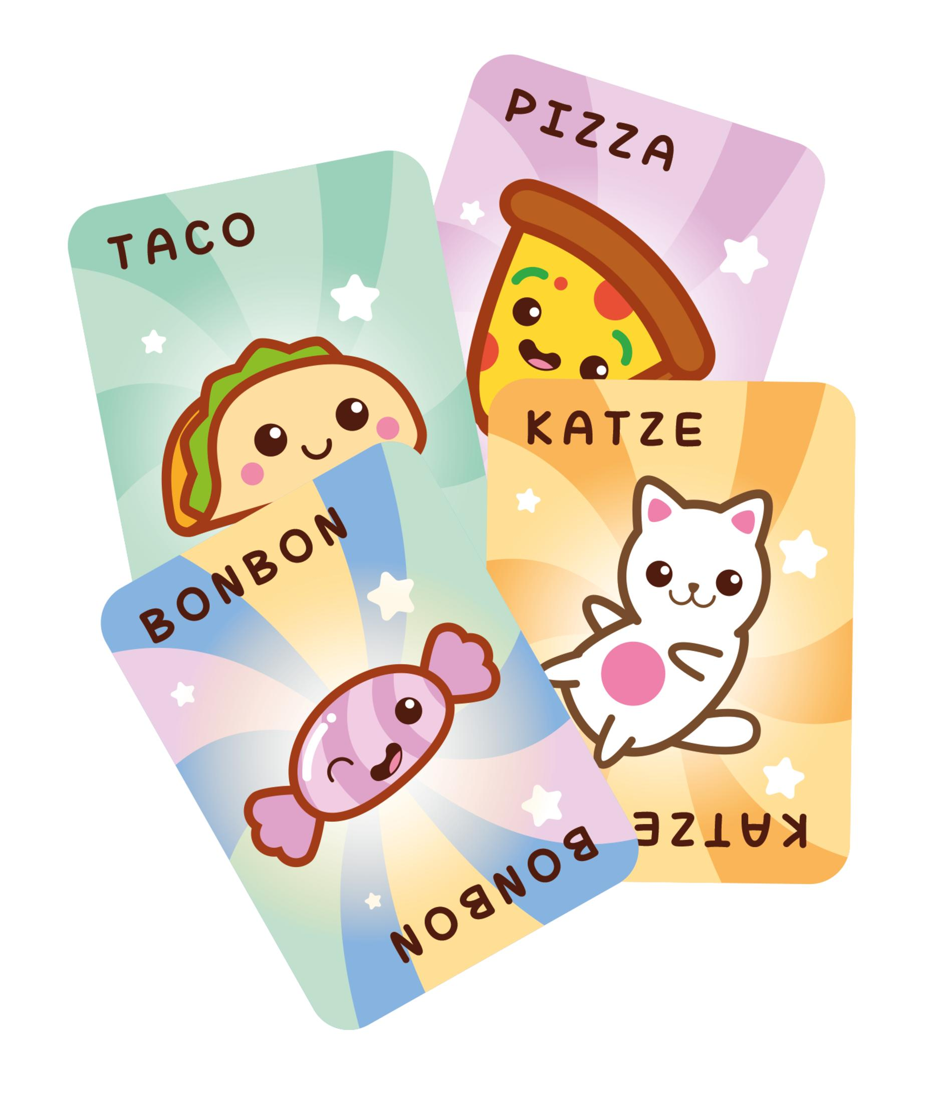 Vier Cartoon-Essenskarten: Taco, Pizza, Süßigkeiten und eine Katze, bunt.