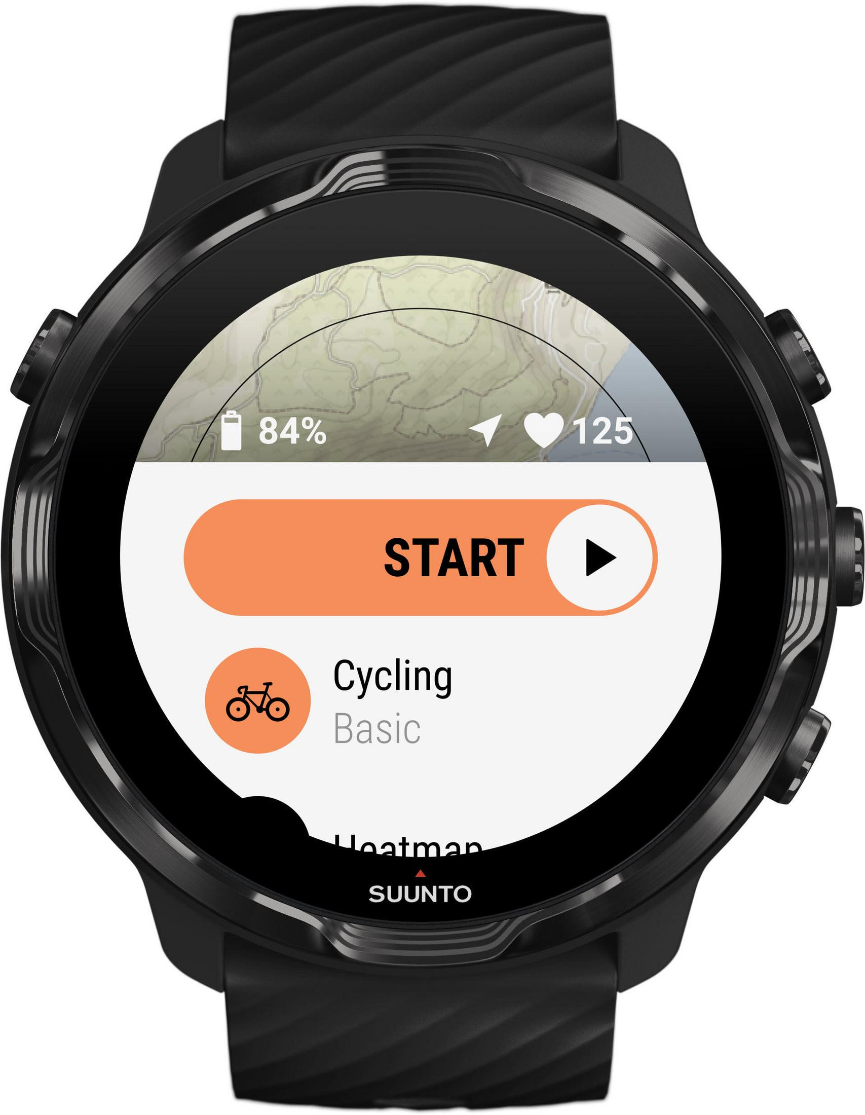 Schwarze Suunto-Uhr zeigt Radfahraktivität, mit