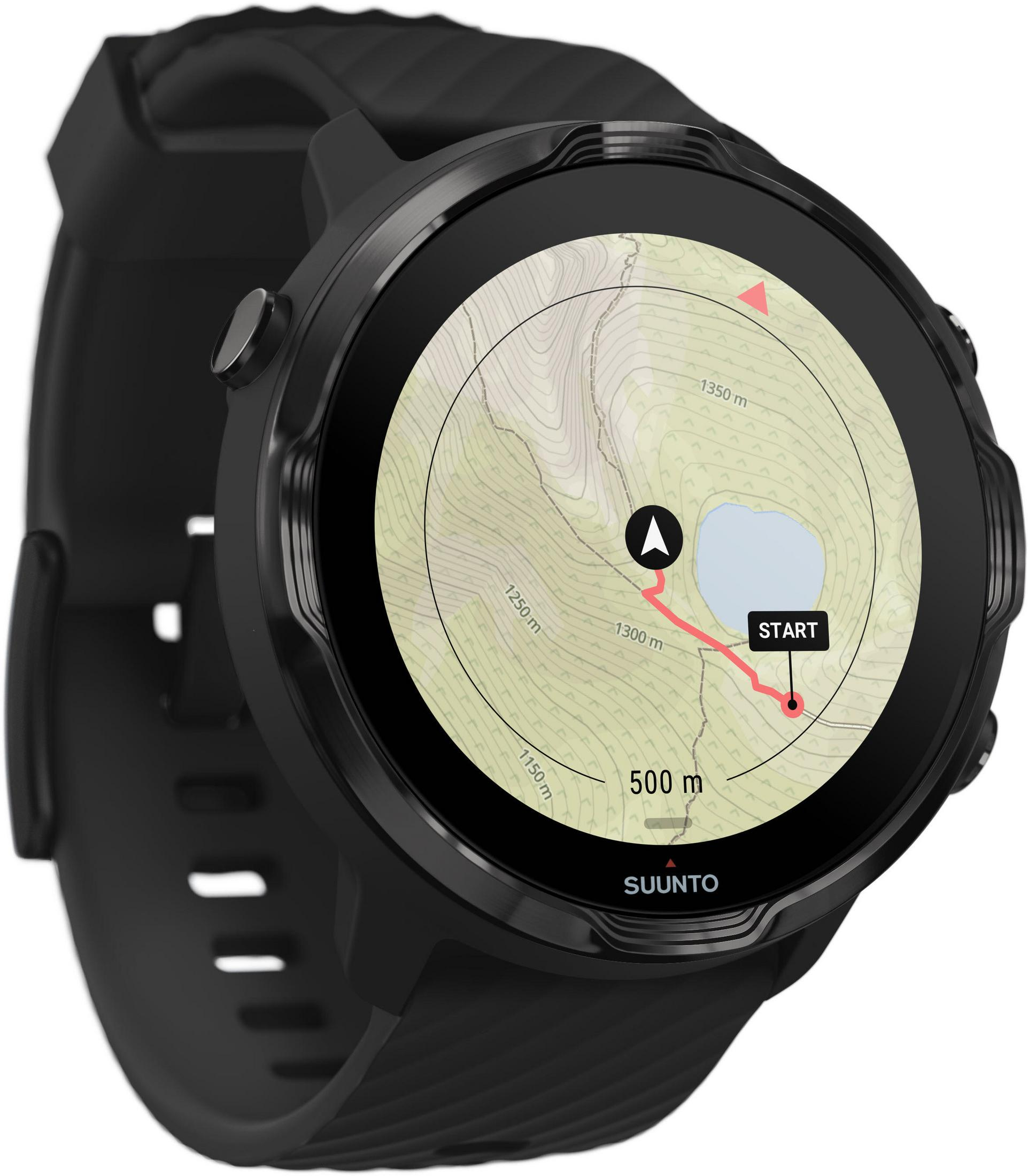 Schwarze Suunto-Uhr mit Kartenanzeige. Zeigt einen Wanderweg mit Standortmarkierungen.