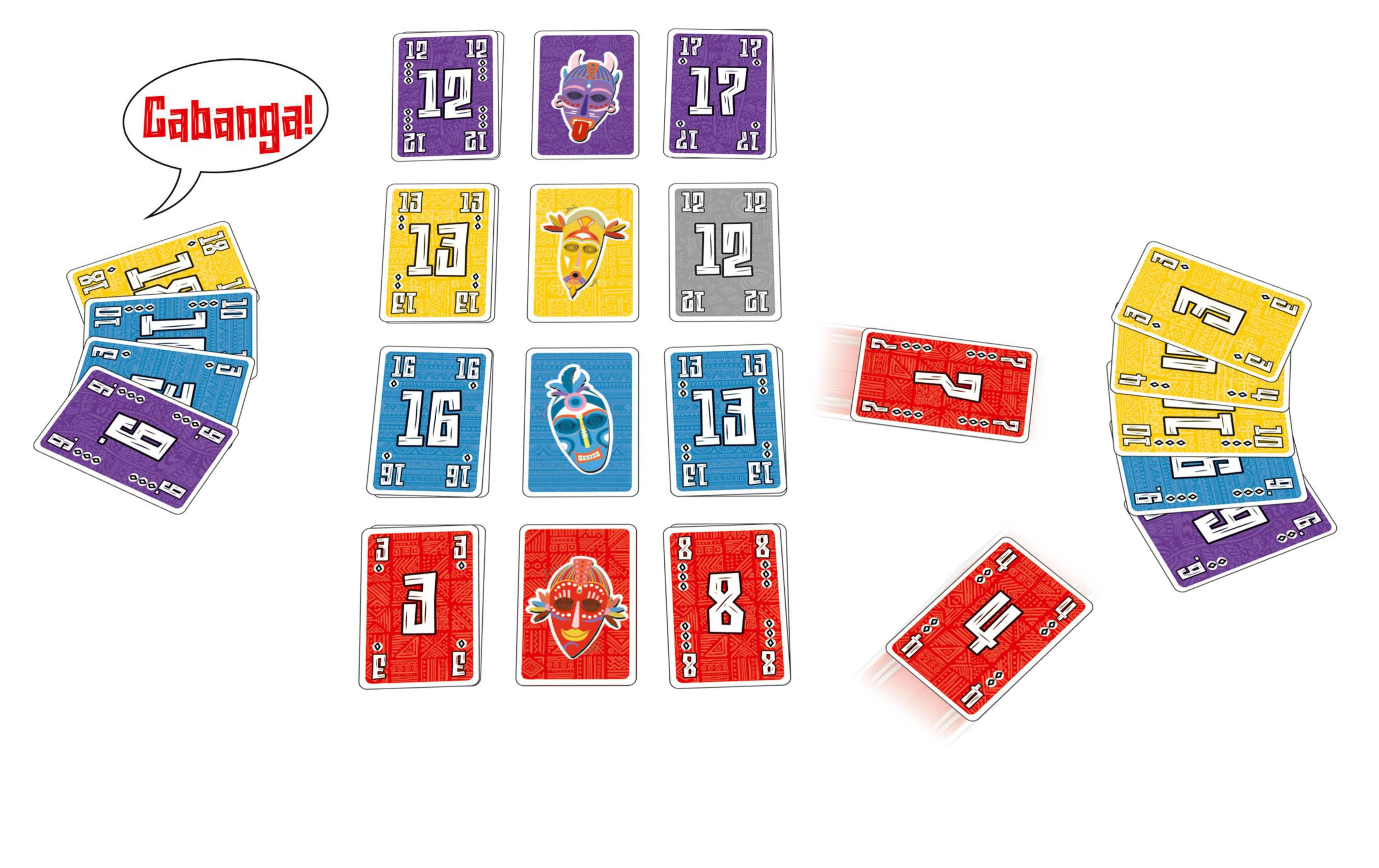 Cartes d'un jeu de cartes sur une surface blanche, avec bulle de texte 'Gabanga!'