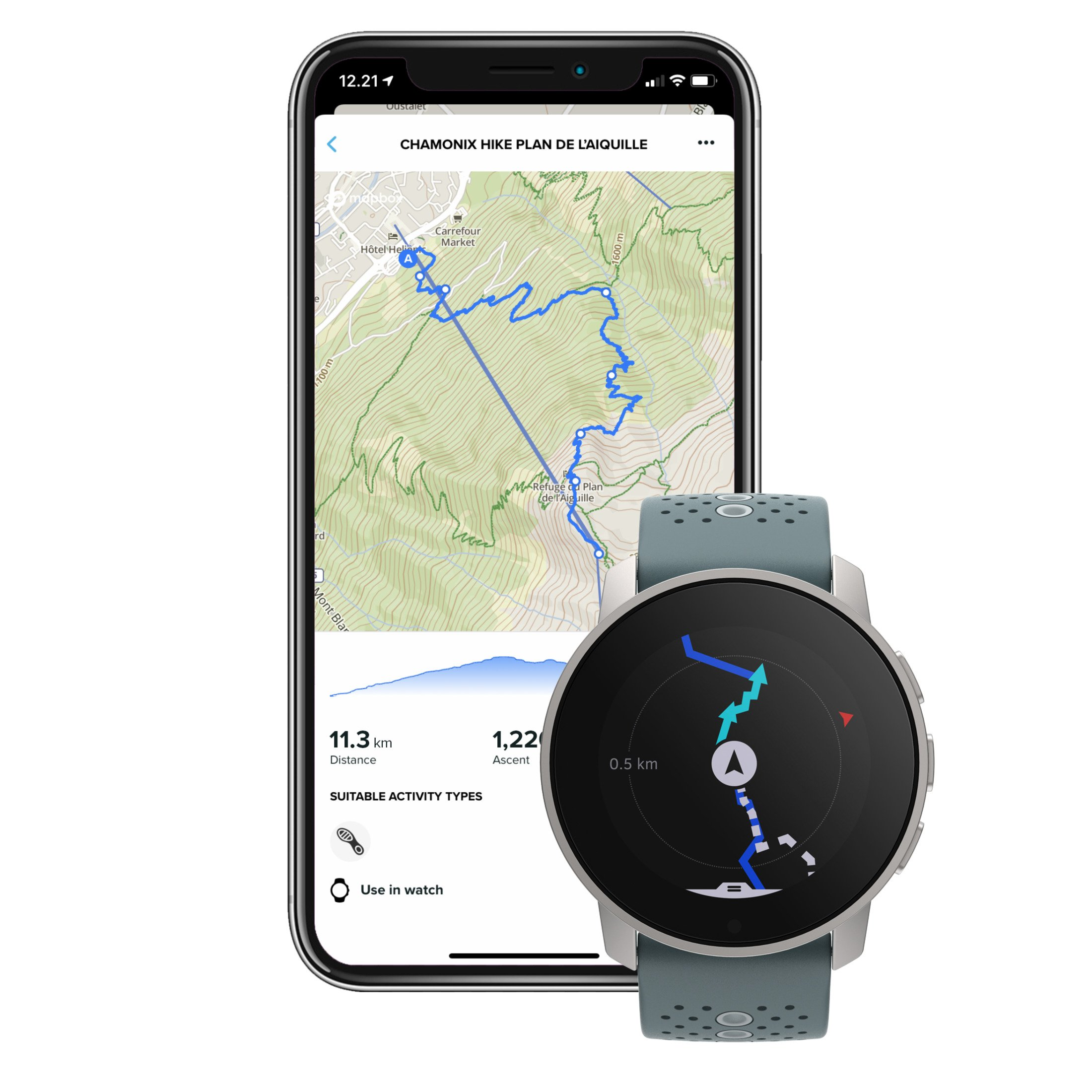 Eine Smartwatch mit Wanderkarte. Ein Smartphone mit derselben Karte daneben.