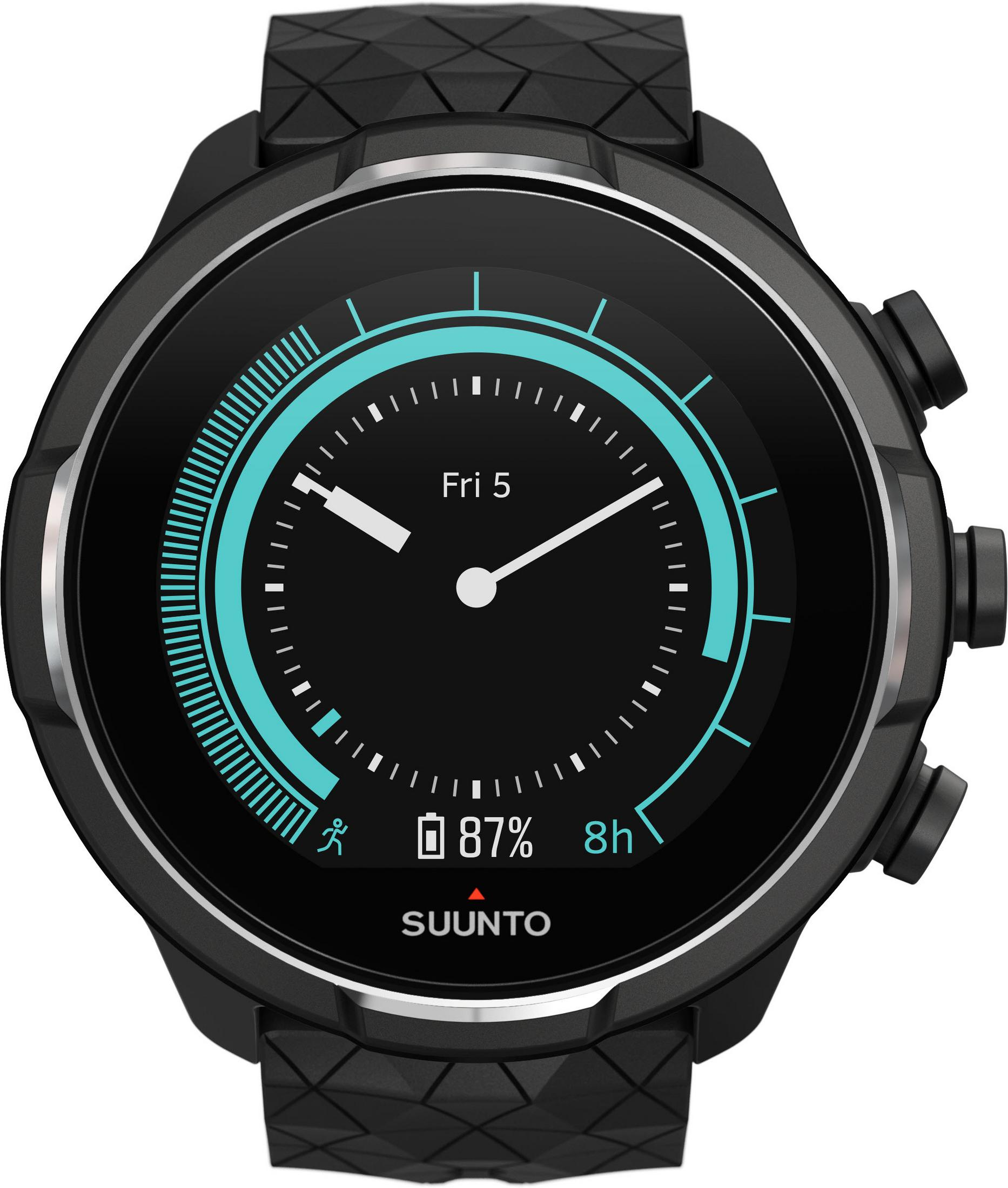 Eine schwarze Suunto-Uhr mit kreisförmiger Anzeige, die Zeit, Akku und Fitnessdaten anzeigt. Schwarzer Hintergrund.