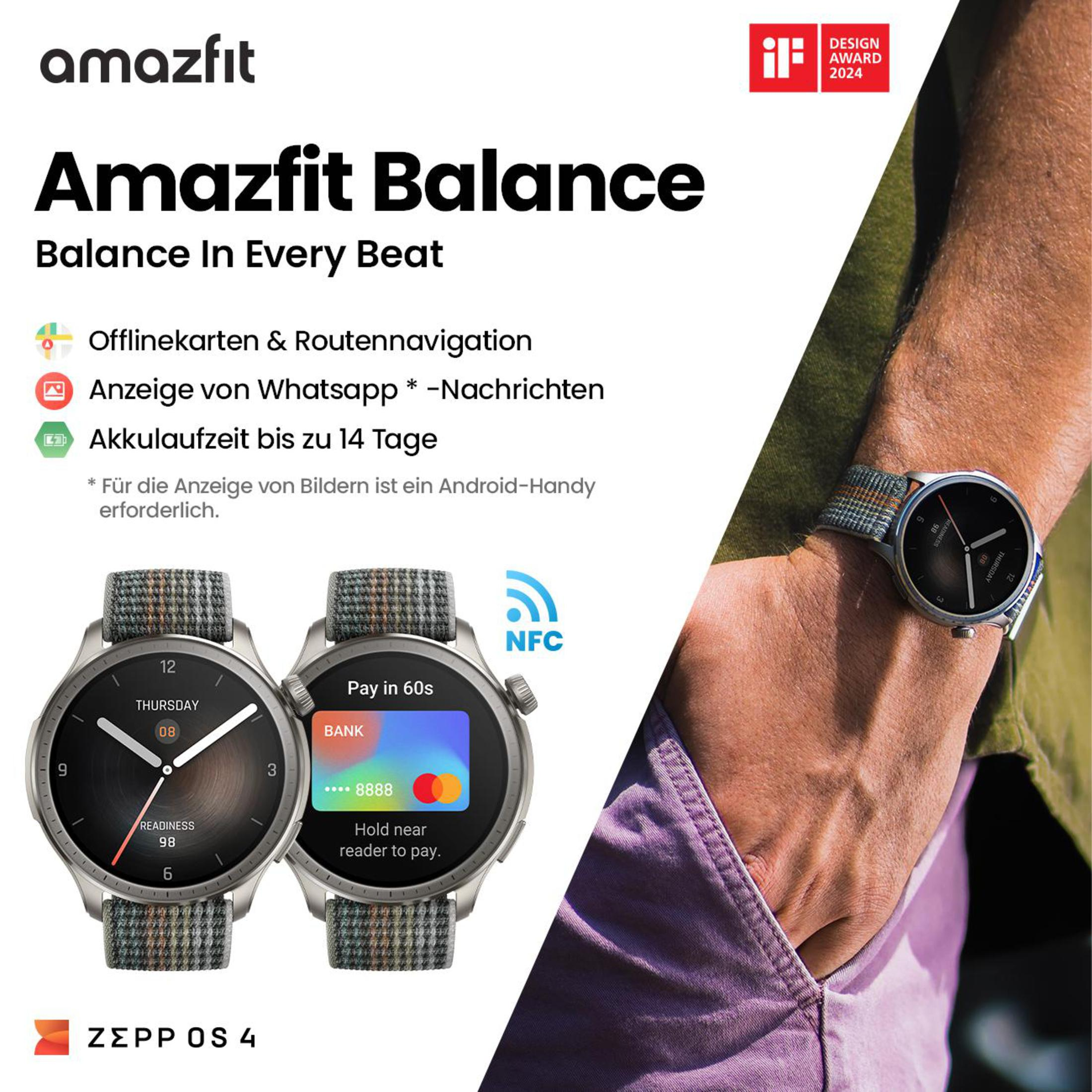 Een smartwatch om een pols met een kaartbetalingsscherm.