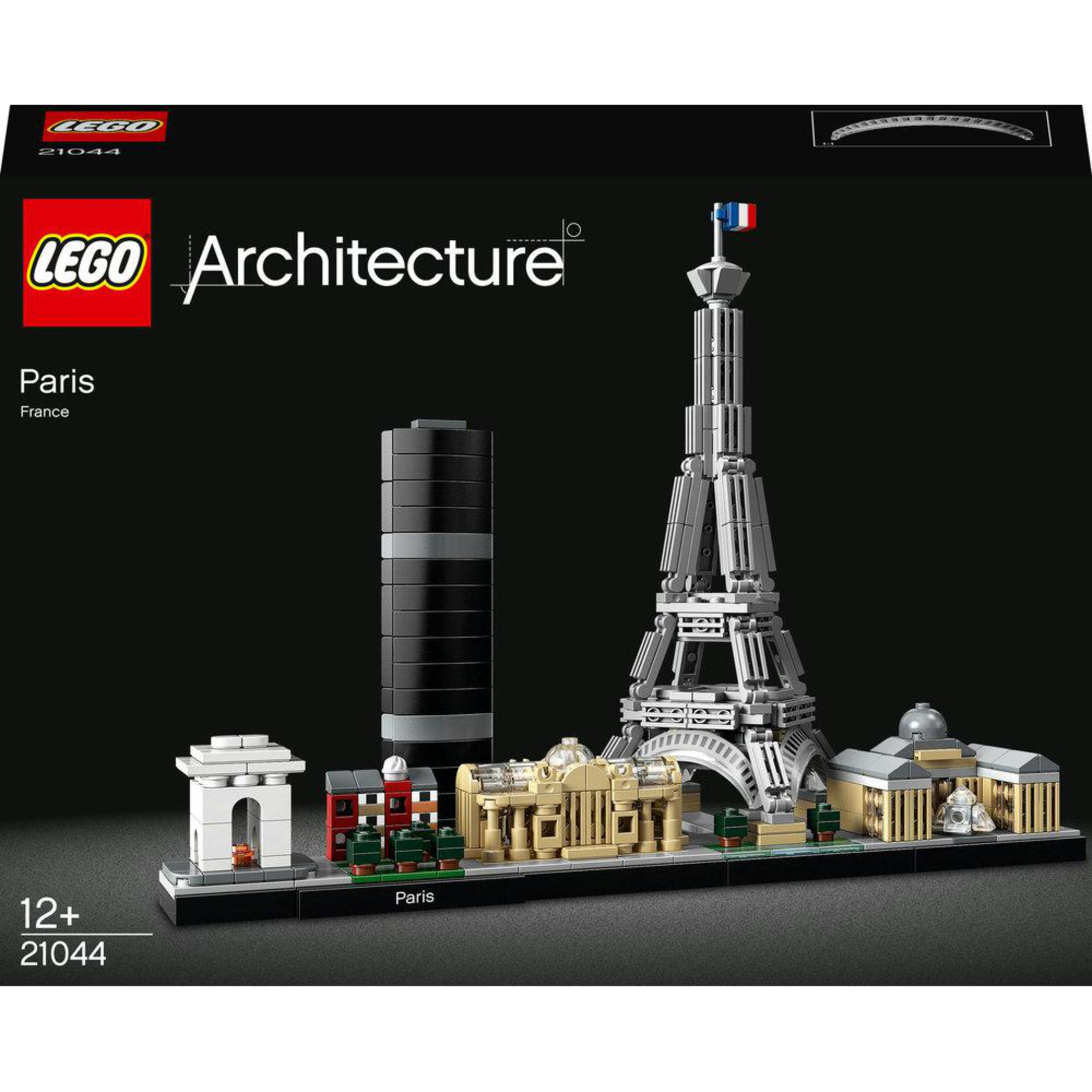LEGO Architecture Paris Set: Eiffelturm, Arc de Triomphe, andere Wahrzeichen. Weißer Hintergrund.