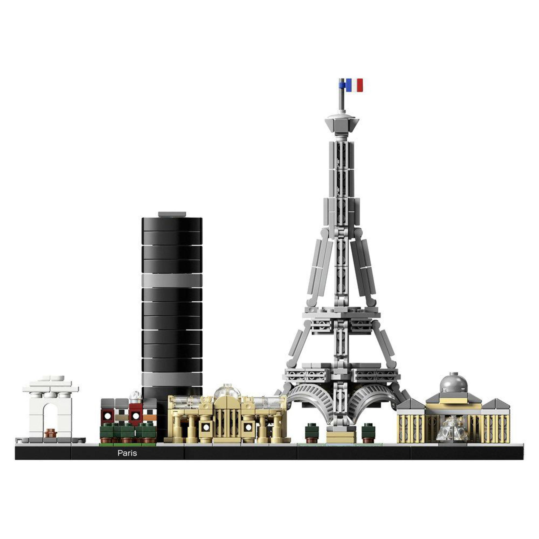 Lego Paris Skyline. Eiffelturm, Gebäude und eine schwarze Basis.